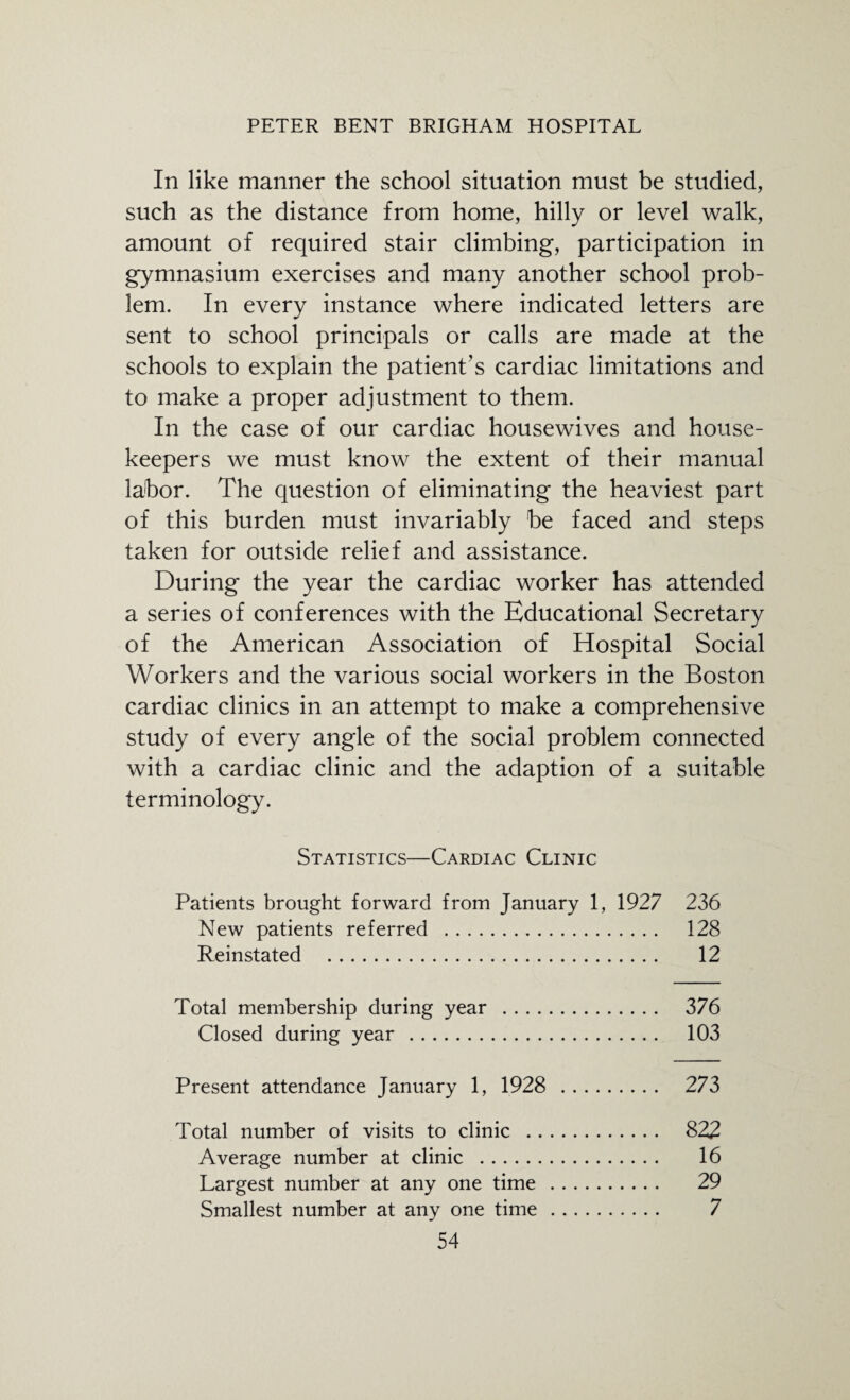 In like manner the school situation must be studied, such as the distance from home, hilly or level walk, amount of required stair climbing, participation in gymnasium exercises and many another school prob¬ lem. In every instance where indicated letters are sent to school principals or calls are made at the schools to explain the patient’s cardiac limitations and to make a proper adjustment to them. In the case of our cardiac housewives and house¬ keepers we must know the extent of their manual labor. The question of eliminating the heaviest part of this burden must invariably be faced and steps taken for outside relief and assistance. During the year the cardiac worker has attended a series of conferences with the Educational Secretary of the American Association of Hospital Social Workers and the various social workers in the Boston cardiac clinics in an attempt to make a comprehensive study of every angle of the social problem connected with a cardiac clinic and the adaption of a suitable terminology. Statistics—Cardiac Clinic Patients brought forward from January 1, 1927 236 New patients referred . 128 Reinstated . 12 Total membership during year . 376 Closed during year . 103 Present attendance January 1, 1928 . 273 Total number of visits to clinic . 822 Average number at clinic . 16 Largest number at any one time . 29 Smallest number at any one time. 7