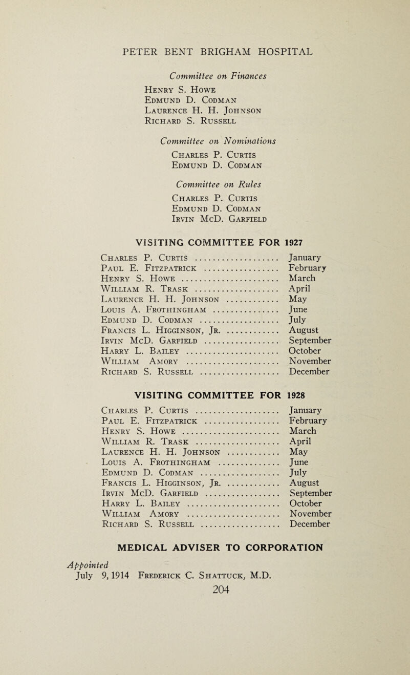 Committee on Finances Henry S. Howe Edmund D. Codman Laurence H. H. Johnson Richard S. Russell Committee on Nominations Charles P. Curtis Edmund D. Codman Committee on Rules Charles P. Curtis Edmund D. Codman Irvin McD. Garfield VISITING COMMITTEE FOR 1927 Charles P. Curtis . January Paul E. Fitzpatrick . February Henry S. Howe . March William R. Trask . April Laurence H. H. Johnson . May Louis A. Frothingham . June Edmund D. Codman . July Francis L. Higginson, Jr. August Irvin McD. Garfield . September Harry L. Bailey . October William Amory . November Richard S. Russell . December VISITING COMMITTEE FOR 1928 Charles P. Curtis . January Paul E. Fitzpatrick . February Henry S. Howe . March William R. Trask . April Laurence H. H. Johnson . May Louis A. Frothingham . June Edmund D. Codman . July Francis L. Higginson, Jr. August Irvin McD. Garfield . September Harry L. Bailey . October William Amory . November Richard S. Russell . December MEDICAL ADVISER TO CORPORATION Appointed July 9,1914 Frederick C. Shattuck, M.D.