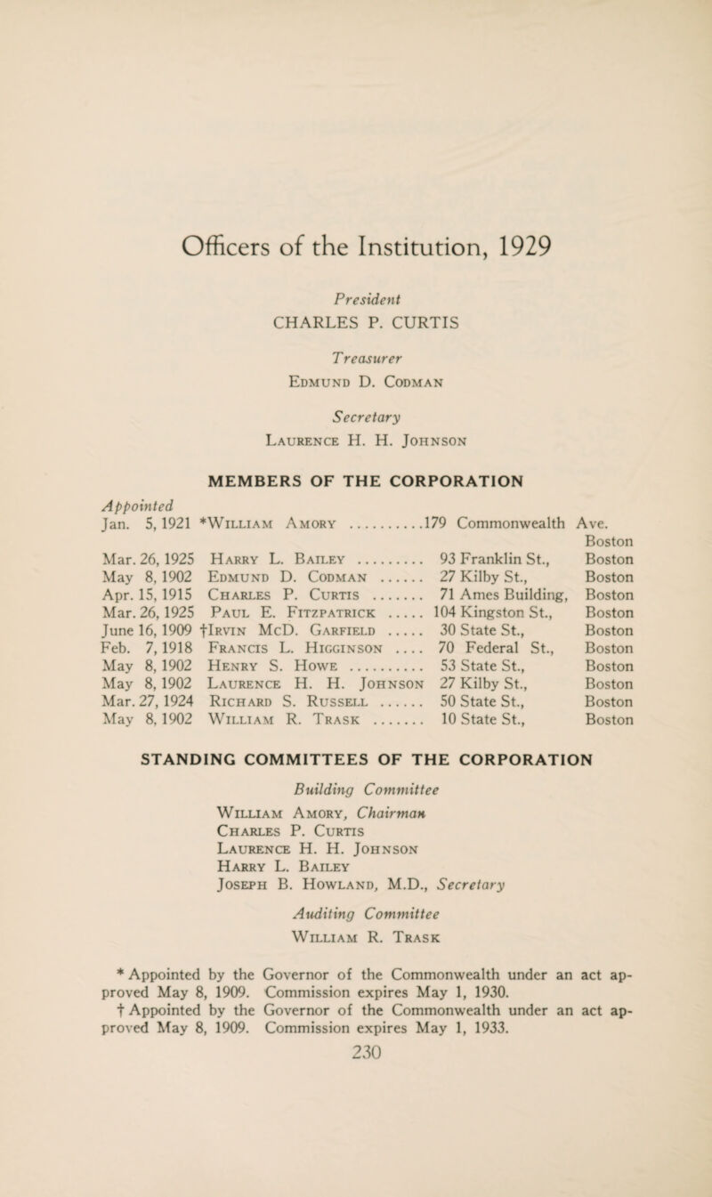 Officers of the Institution, 1929 President CHARLES P. CURTIS Treasurer Edmund D. Codman Secretary Laurence H. H. Johnson MEMBERS OF THE CORPORATION Appointed Jan. 5, 1921 ^William Amory 179 Commonwealth Ave. Boston Boston Boston Boston Boston Boston Boston Boston Boston Boston Boston Mar. 26, 1925 Harry L. Bailey . 93 Franklin St., May 8, 1902 Edmund D. Codman . 27 Kilby St., Apr. 15, 1915 Charles P. Curtis . 71 Ames Building, Mar. 26, 1925 Paul E. Fitzpatrick . 104 Kingston St., June 16, 1909 JIk^n McD. Garfield . 30 State St., Feb. 7, 1918 Francis L. Higginson .... 70 Federal St., May 8, 1902 Henry S. Howe . 53 State St., May 8, 1902 Laurence H. H. Johnson 27 Kilby St., Mar. 27, 1924 Richard S. Russell . 50 State St., May 8,1902 William R. Trask . 10 State St., STANDING COMMITTEES OF THE CORPORATION Building Committee William Amory, Chairman Charles P. Curtis Laurence H. H. Johnson Harry L. Bailey Joseph B. Howland, M.D., Secretary Auditing Committee William R. Trask * Appointed by the Governor of the Commonwealth under an act ap¬ proved May 8, 1909. Commission expires May 1, 1930. t Appointed by the Governor of the Commonwealth under an act ap¬ proved May 8, 1909. Commission expires May 1, 1933.