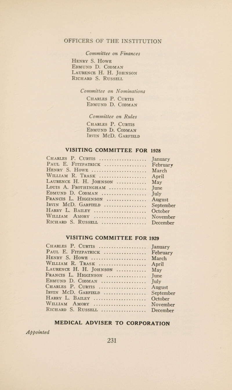 Committee on Finances Henry S. Howe Edmund D. Codman Laurence H. H. Johnson Richard S. Russell Committee on N ominations Charles P. Curtis Edmund D. Codman Committee on Rules Charles P. Curtis Edmund D. Codman Irvin McD. Garfield VISITING COMMITTEE FOR 1928 Charles P. Curtis . January Paul E. Fitzpatrick . February Henry S. Howe . March William R. Trask . April Laurence H. H. Johnson . May Louis A. Frothingham . June Edmund D. Codman . July Francis L. Higginson . August Irvin McD. Garfield . September Harry L. Bailey . October William Amory . November Richard S. Russell . December VISITING COMMITTEE FOR 1929 Charles P. Curtis . January Paul E. Fitzpatrick . February Henry S. Howe . March William R. Trask . April Laurence H. H. Johnson . May Francis L. Higginson . June Edmund D. Codman . July Charles P. Curtis . August Irvin McD. Garfield . September Harry L. Bailey . October William Amory . November Richard S. Russell . December MEDICAL ADVISER TO CORPORATION Appointed