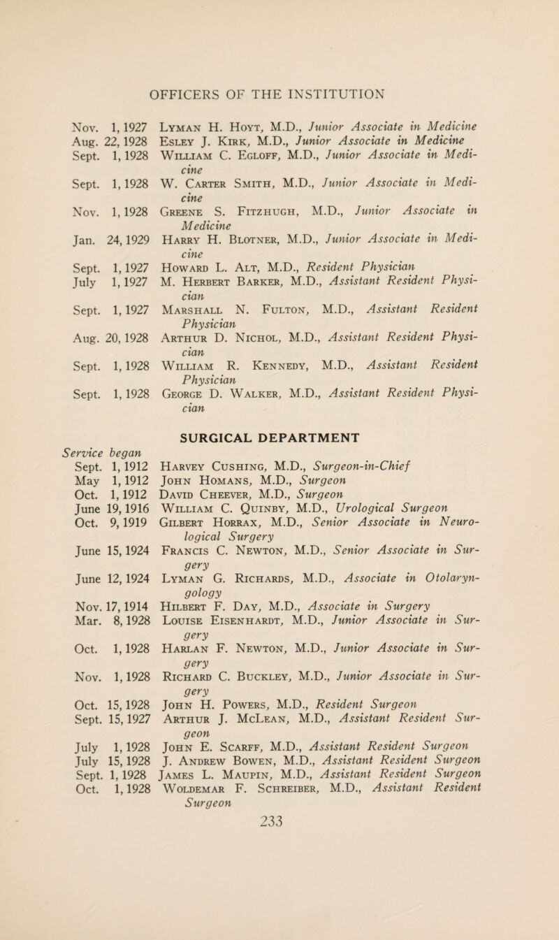 Nov. 1,1927 Aug. 22,1928 Sept. 1,1928 Sept. 1,1928 Nov. 1,1928 Jan. 24,1929 Sept. 1,1927 July 1,1927 Sept. 1,1927 Aug. 20, 1928 Sept. 1,1928 Sept. 1, 1928 Service began Sept. 1,1912 May 1, 1912 Oct. 1,1912 June 19,1916 Oct. 9,1919 June 15,1924 June 12, 1924 Nov. 17,1914 Mar. 8,1928 Oct. 1,1928 Nov. 1,1928 Oct. 15,1928 Sept. 15,1927 July 1,1928 July 15,1928 Sept. 1,1928 Oct. 1,1928 Lyman H. Hoyt, M.D., Junior Associate in Medicine Esley J. Kirk, M.D., Junior Associate in Medicine William C. Egloff, M.D., Junior Associate in Medi¬ cine W. Carter Smith, M.D., Junior Associate in Medi¬ cine Greene S. Fitzhugh, M.D., Junior Associate in Medicine Harry H. Blotner, M.D., Junior Associate in Medi¬ cine Howard L. Alt, M.D., Resident Physician M. Herbert Barker, M.D., Assistant Resident Physi¬ cian Marshall N. Fulton, M.D., Assistant Resident Physician Arthur D. Nichol, M.D., Assistant Resident Physi¬ cian William R. Kennedy, M.D., Assistant Resident Physician George D. Walker, M.D., Assistant Resident Physi¬ cian SURGICAL DEPARTMENT Harvey Cushing, M.D., Surgeon-in-Chief John Homans, M.D., Surgeon David Cheever, M.D., Surgeon William C. Quinby, M.D., Urological Surgeon Gilbert Horrax, M.D., Senior Associate in Neuro¬ logical Surgery Francis C. Newton, M.D., Senior Associate in Sur¬ gery Lyman G. Richards, M.D., Associate in Otolaryn¬ gology Hilbert F. Day, M.D., Associate in Surgery Louise Eisenhardt, M.D., Junior Associate in Sur- gery Harlan F. Newton, M.D., Junior Associate in Sur- gery Richard C. Buckley, M.D., Junior Associate in Sur¬ gery John H. Powers, M.D., Resident Surgeon Arthur J. McLean, M.D., Assistant Resident Sur¬ geon John E. Scarff, M.D., Assistant Resident Surgeon J. Andrew Bowen, M.D., Assistant Resident Surgeon James L. Maupin, M.D., Assistant Resident Surgeon Woldemar F. Schreiber, M.D., Assistant Resident Surgeon