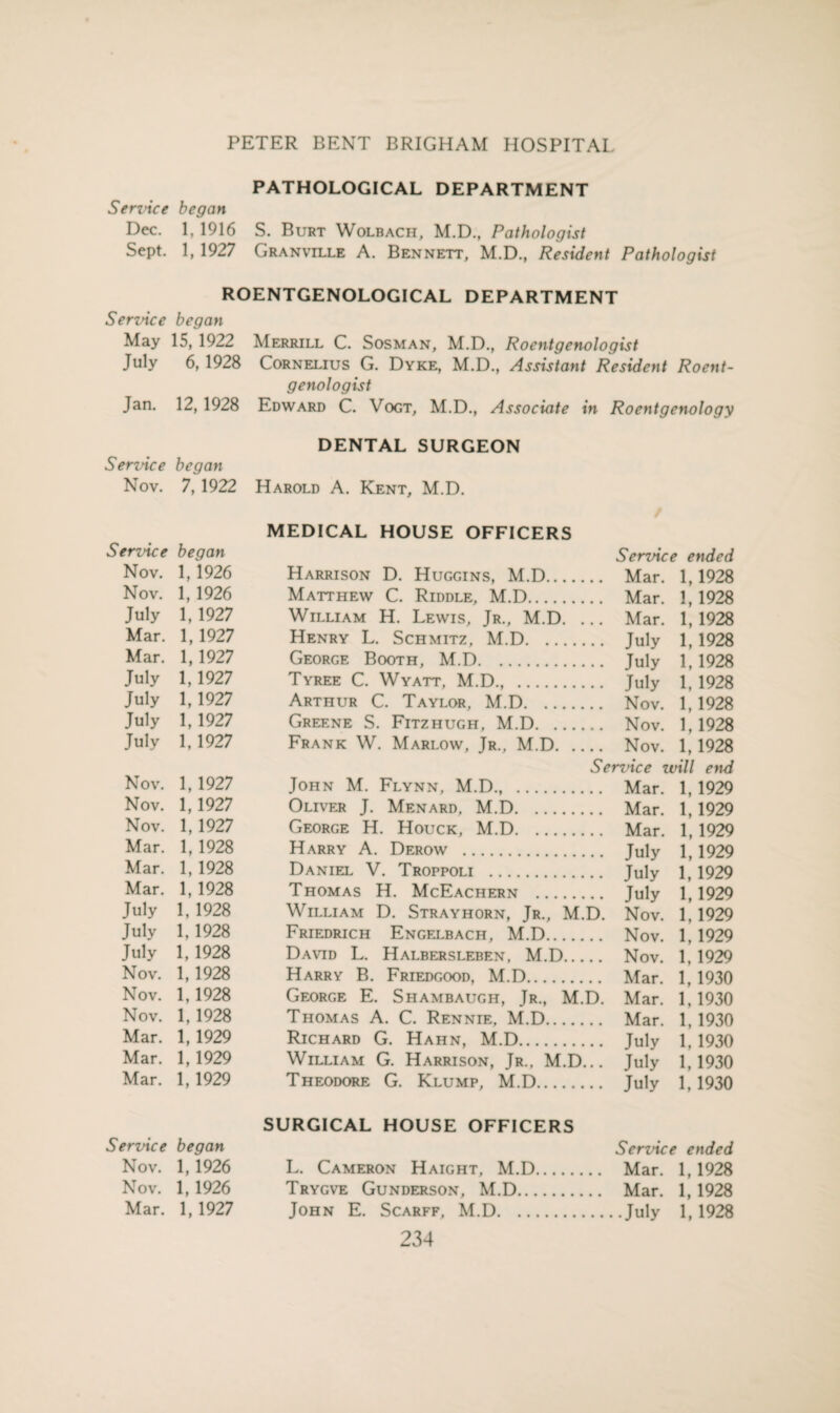 PATHOLOGICAL DEPARTMENT Service began Dec. 1, 1916 S. Burt Wolbach, M.D., Pathologist Sept. 1, 1927 Granville A. Bennett, M.D., Resident Pathologist ROENTGENOLOGICAL DEPARTMENT Sendee began May 15, 1922 Merrill C. Sosman, M.D., Roentgenologist July 6, 1928 Cornelius G. Dyke, M.D., Assistant Resident Roent¬ genologist Jan. 12, 1928 Edward C. Vogt, M.D., Associate in Roentgenology DENTAL SURGEON Sendee began Nov. 7, 1922 Harold A. Kent, M.D. MEDICAL HOUSE OFFICERS Sendee began Sendee ended Nov. 1,1926 Harrison D. Huggins, M.D. Mar. 1,1928 Nov. 1, 1926 Matthew C. Riddle, M.D. Mar. 1, 1928 July 1, 1927 William H. Lewis, Jr., M.D. ... Mar. 1, 1928 Mar. 1, 1927 Henry L. Schmitz, M.D. July 1,1928 Mar. 1, 1927 George Booth, M.D. July 1, 1928 July 1,1927 Tyree C. Wyatt, M.D.. July 1, 1928 July 1, 1927 Arthur C. Taylor, M.D. Nov. 1, 1928 July 1, 1927 Greene S. Fitzhugh, M.D. Nov. 1,1928 July 1, 1927 Frank W. Marlow, Jr., M.D. Nov. 1,1928 Sendee will end Nov. 1, 1927 John M. Flynn, M.D., . Mar. 1, 1929 Nov. 1,1927 Oliver J. Menard, M.D. Mar. 1,1929 Nov. 1,1927 George H. Houck, M.D. Mar. 1,1929 Mar. 1, 1928 Harry A. Derow . July 1,1929 Mar. 1,1928 Daniel V. Troppoli . July 1,1929 Mar. 1,1928 Thomas H. McEachern . July 1,1929 July 1, 1928 William D. Strayhorn, Jr., M.D. Nov. 1,1929 July 1,1928 Friedrich Engelbach, M.D. Nov. 1, 1929 July 1,1928 David L. Halbersleben, M.D. Nov. 1. 1929 Nov. 1,1928 Harry B. Friedgood, M.D. Mar. 1, 1930 Nov. 1,1928 George E. Shambaugh, Jr., M.D. Mar. 1,1930 Nov. 1,1928 Thomas A. C. Rennie, M.D. Mar. 1,1930 Mar. 1, 1929 Richard G. Hahn, M.D. July 1. 1930 Mar. 1,1929 William G. Harrison, Jr., M.D... July 1,1930 Mar. 1,1929 Theodore G. Klump, M.D. July 1,1930 SURGICAL HOUSE OFFICERS Service began Service ended Nov. 1,1926 L. Cameron Haight, M.D. Mar. 1,1928 Nov. 1,1926 Trygve Gunderson, M.D. Mar. 1,1928 Mar. 1,1927 John E. Scarff, M.D.July 1,1928