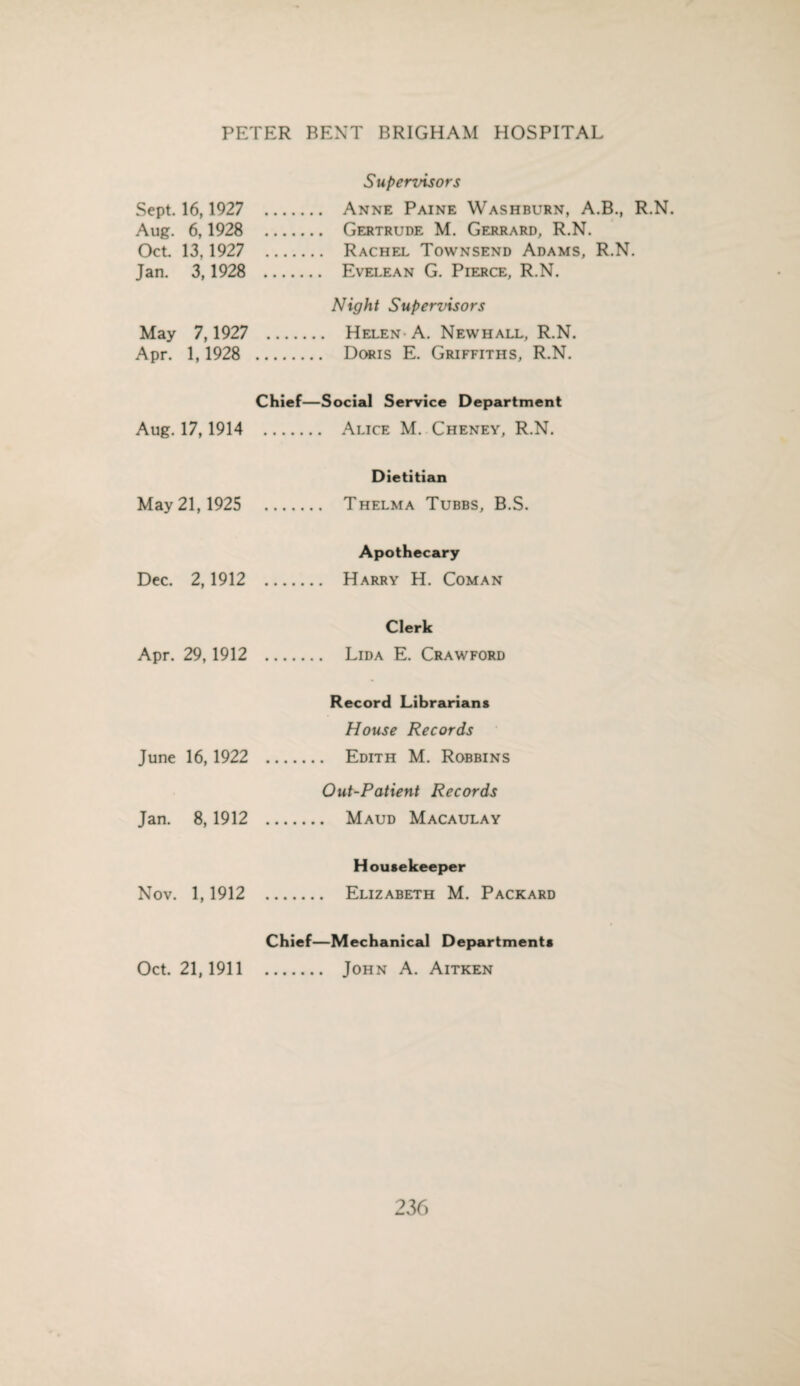 Sept. 16,1927 Aug. 6,1928 Oct. 13,1927 Jan. 3,1928 May 7,1927 Apr. 1,1928 Aug. 17,1914 May 21,1925 Dec. 2,1912 Apr. 29, 1912 June 16, 1922 Jan. 8, 1912 Nov. 1,1912 Supervisors . Anne Paine Washburn, A.B., R.N. . Gertrude M. Gerrard, R.N. . Rachel Townsend Adams, R.N. . Evelean G. Pierce, R.N. Night Supervisors . Helen- A. Newhall, R.N. . Doris E. Griffiths, R.N. Chief—Social Service Department . Alice M. Cheney, R.N. Dietitian . Thelma Tubbs, B.S. Apothecary . Harry H. Coman Clerk . Lida E. Crawford Record Librarians House Records . Edith M. Robbins Out-Patient Records . Maud Macaulay Housekeeper . Elizabeth M. Packard Chief—Mechanical Departments . John A. Aitken Oct. 21,1911