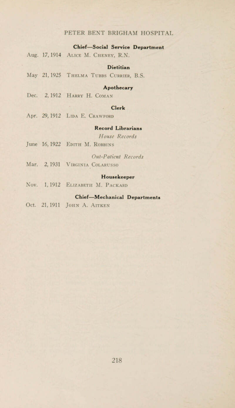 Aug. 17,1914 Chief—Social Service Department Alice M. Cheney, R.N. May 21, 1925 Dietitian Thelma Tubbs Currier, B.S. Dec. 2, 1912 Apothecary Harry H. Coman Apr. 29, 1912 Clerk Lida E. Crawford June 16, 1922 Record Librarians House Records Edith M. Robbins Mar. 2, 1931 Out-Patient Records Virginia Colarusso Nov. 1, 1912 Housekeeper Elizabeth M. Packard Oct. 21,1911 Chief—Mechanical Departments John A. Aitken