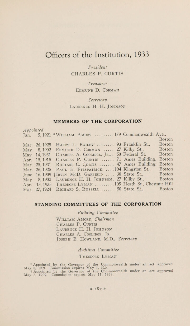 Officers of the Institution, 1933 President CHARLES P. CURTIS Treasurer Edmund D. Codman Secretary Laurence H. H. Johnson MEMBERS OF THE CORPORATION Appointed Jan. 5,1921 *William Amory .179 Commonwealth Ave., Boston Mar. 26,1925 Harry L. Bailey . 93 Franklin St., Boston May 8,1902 Edmund D. Codman . 27 Kilby St., Boston May 14,1931 Charles A. Coolidge, Jr... 50 Federal St. Boston Apr. 15, 1915 Charles P. Curtis . 71 Ames Building, Boston Mar. 25, 1931 Richard C. Curtis . 47 Ames Building, Boston Mar. 26,1925 Paul E. Fitzpatrick _104 Kingston St., Boston June 16, 1909 f Irvin McD. Garfield - 30 State St., Boston May 8,1902 Laurence H. H. Johnson. 27 Kilby St., Boston Apr. 13, 1933 Theodore Lyman .105 Heath St., Chestnut Hill Mar. 27,1924 Richard S. Russell. 50 State St., Boston STANDING COMMITTEES OF THE CORPORATION Building Committee William Amory, Chairman Charles P. Curtis Laurence H. H. Johnson Charles A. Coolidge, Jr. Joseph B. Howland, M.D., Secretary Auditing Committee Theodore Lyman * Appointed by the Governor of the Commonwealth under an act approved May 8, 1909. Commission expires May 1, 1936. t Appointed by the Governor of the Commonwealth under an act approved May 8, 1909. Commission expires May 11, 1939.