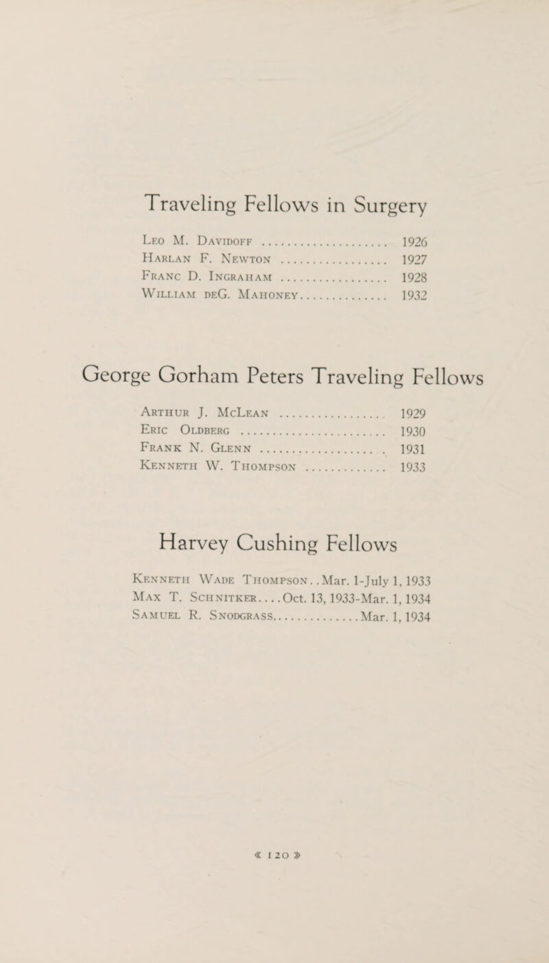 Leo M. Davidoff . 1926 Harlan F. Newton . 1927 Franc D. Ingraham . 1928 William deG. Mahoney. 1932 George Gorham Peters Traveling Fellows Arthur J. McLean . 1929 Eric Oldberg . 1930 Frank N. Glenn . 1931 Kenneth W. Thompson . 1933 Harvey Cushing Fellows Kenneth Wade Thompson. .Mar. 1-July 1. 1933 Max T. Sciinitker-Oct. 13, 1933-Mar. 1, 1934 Samuel R. Snodgrass.Mar. 1, 1934