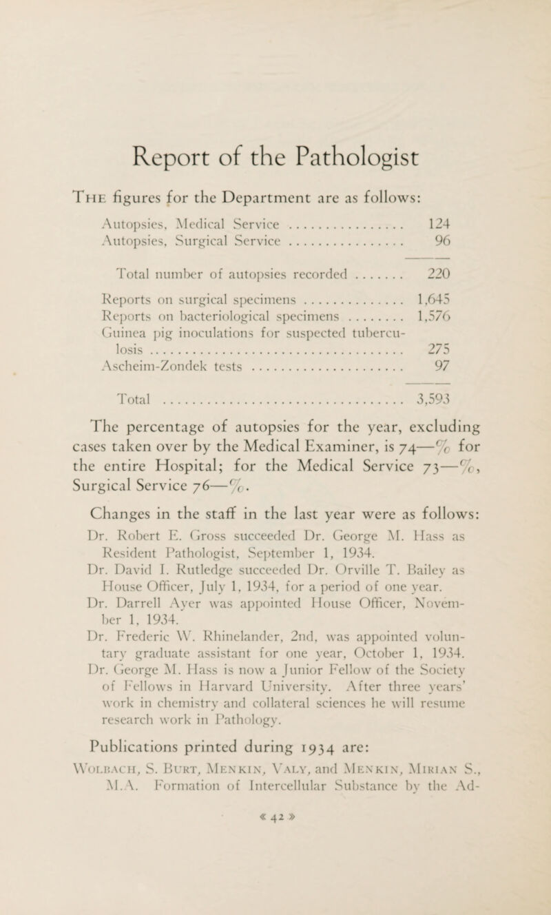 Report of the Pathologist The figures for the Department are as follows: Autopsies, Medical Service . 124 Autopsies, Surgical Service. 96 Total number of autopsies recorded. 220 Reports on surgical specimens. 1,645 Reports on bacteriological specimens . 1,576 Guinea pig inoculations for suspected tubercu¬ losis . 275 Ascheim-Zondek tests . 97 Total . 3,593 The percentage of autopsies for the year, excluding cases taken over by the Medical Examiner, is 74—% for the entire Hospital; for the Medical Service 73—%, Surgical Service 76—%. Changes in the staff in the last year were as follows: Dr. Robert E. Gross succeeded Dr. George M. Hass as Resident Pathologist, September 1, 1934. Dr. David I. Rutledge succeeded Dr. Orville T. Bailey as House Officer, July 1, 1934, for a period of one year. Dr. Darrell Ayer was appointed House Officer, Novem¬ ber 1, 1934. Dr. Frederic W. Rhinelander, 2nd, was appointed volun¬ tary graduate assistant for one year, October 1, 1934. Dr. George M. Hass is now a Junior Fellow of the Society of Fellows in Harvard University. After three years’ work in chemistry and collateral sciences he will resume research work in Pathology. Publications printed during 1934 are: Wolbach, S. Burt, Menkin, Yaly, and Menkin, Mirian S., M. \. Formation of Intercellular Substance by the Ad- <<42 »