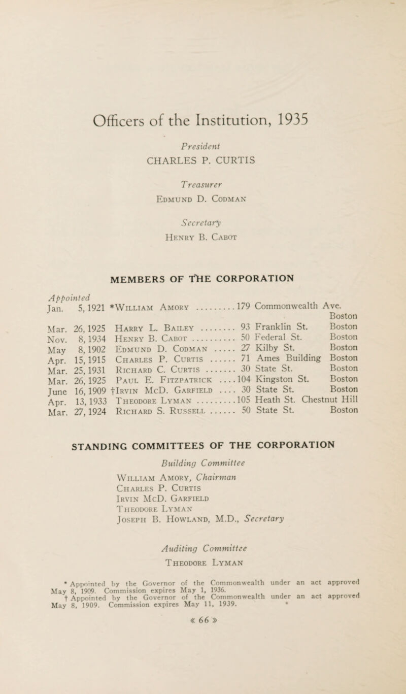 Officers of the Institution, 1935 President CHARLES P. CURTIS Treasurer Edmund D. Codman Secretary Henry B. Cabot MEMBERS OF YHE CORPORATION Appointed Jan. 5,1921 *William Amory .179 Commonwealth Ave. Boston Mar. 26,1925 Harry L. Bailey . 93 Franklin St. Boston Nov. 8,1934 Henry B. Cabot. 50 Federal St. Boston May 8, 1902 Edmund D. Codman . 27 Kilby St. Boston Apr. 15,1915 Charles P. Curtis . 71 Ames Building Boston Mar. 25,1931 Richard C. Curtis . 30 State St. Boston Mar. 26,1925 Paul E. Fitzpatrick -104 Kingston St. Boston June 16,1909 JIrvin McD. Garfield - 30 State St. Boston Apr. 13,1933 Theodore Lyman.105 Heath St. Chestnut Hill Mar. 27,1924 Richard S. Russeli. 50 State St. Boston STANDING COMMITTEES OF THE CORPORATION Building Committee William Amory, Chairman Charles P. Curtis Irvin McD. Garfield Theodore Lyman Joseph B. Howland, M.D., Secretary Auditing Committee Theodore Lyman * Appointed by the Governor of the Commonwealth under an act approved May 8, 1909. Commission expires May 1, 1936. t Appointed by the Governor of the Commonwealth under an act approved May 8, 1909. Commission expires May 11, 1939.