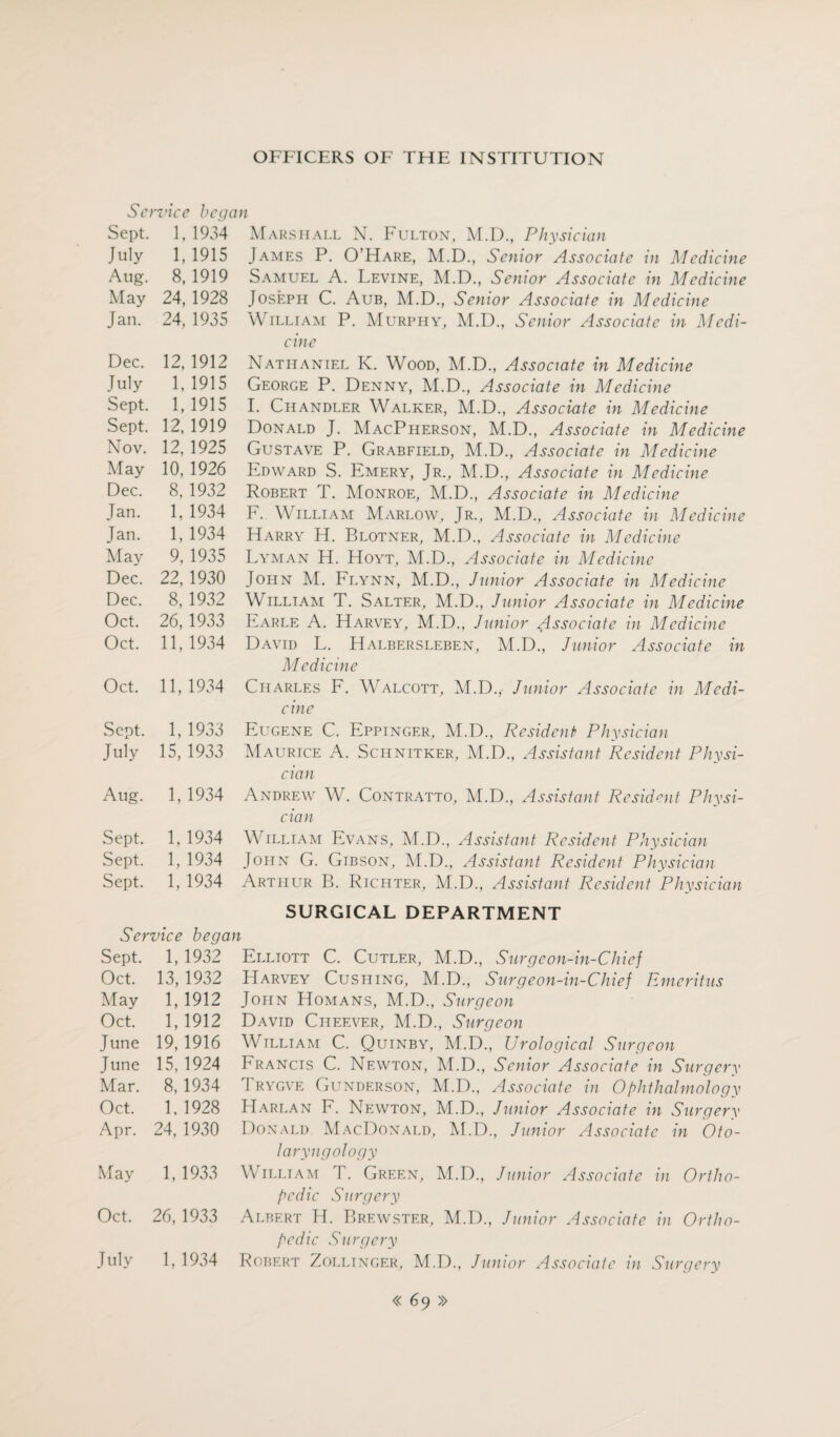 Service began Sept. 1, 1934 Marshall N. Fulton, M.D., Physician July 1, 1915 James P. O’Hare, M.D., Senior Associate in Medicine Aug. 8, 1919 Samuel A. Levine, M.D., Senior Associate in Medicine May 24, 1928 Joseph C. Aub, M.D., Senior Associate in Medicine Jan. 24, 1935 William P. Murphy, M.D., Senior Associate in Medi¬ cine Nathaniel K. Wood, M.D., Associate in Medicine George P. Denny, M.D., Associate in Medicine I. Chandler Walker, M.D., Associate in Medicine Donald J. MacPherson, M.D., Associate in Medicine Gustave P. Grabfield, M.D., Associate in Medicine Edward S. Emery, Jr., M.D., Associate in Medicine Robert T. Monroe, M.D., Associate in Medicine F. William Marlow, Jr., M.D., Associate hi Medicine Harry H. Blotner, M.D., Associate in Medicine Lyman H. Hoyt, M.D., Associate in Medicine John M. Flynn, M.D., Junior Associate in Medicine William T. Salter, M.D., Junior Associate in Medicine Earle A. Harvey, M.D., Junior Associate in Medicine David L. Halbersleben, M.D., Junior Associate in Medicine Charles F. Walcott, M.D., Junior Associate in Medi¬ cine Eugene C. Eppinger, M.D., Resident Physician Maurice A. Schnitker, M.D., Assistant Resident Physi¬ cian Andrew W. Contratto, M.D., Assistant Resident Physi¬ cian William Evans, M.D., Assistant Resident Physician John G. Gibson, M.D., Assistant Resident Physician Arthur B. Richter, M.D., Assistant Resident Physician SURGICAL DEPARTMENT Dec. 12, 1912 July 1, 1915 Sept. 1, 1915 Sept. 12, 1919 Nov. 12, 1925 May 10, 1926 Dec. 8, 1932 Jan. 1, 1934 Jan. 1, 1934 May 9, 1935 Dec. 22, 1930 Dec. 8, 1932 Oct. 26,1933 Oct. 11, 1934 Oct. 11, 1934 Sept. 1, 1933 July 15, 1933 Aug. 1, 1934 Sept. 1,1934 Sept. 1, 1934 Sept. 1, 1934 Service began Sept. 1, 1932 Oct. 13,1932 May 1,1912 Oct. 1, 1912 June 19, 1916 June 15, 1924 Mar. 8, 1934 Oct. 1, 1928 Apr. 24, 1930 May 1,1933 Oct. 26, 1933 July 1, 1934 Elliott C. Cutler, M.D., Surgeon-in-Chief LIarvey Cushing, M.D., Surgeon-in-Chief Emeritus John Homans, M.D., Surgeon David Cheever, M.D., Surgeon William C. Quinby, M.D., Urological Surgeon Francis C. Newton, M.D., Senior Associate in Surgery Trygve Gunderson, M.D., Associate in Ophthalmology Harlan F. Newton, M.D., Junior Associate in Surgery Donald MacDonald, M.D., Junior Associate in Oto¬ laryngology William T. Green, M.D., Junior Associate in Ortho¬ pedic Surgery Albert H. Brewster, M.D., Junior Associate in Ortho¬ pedic Surgery Robert Zollinger, M.D., Junior Associate in Surgery