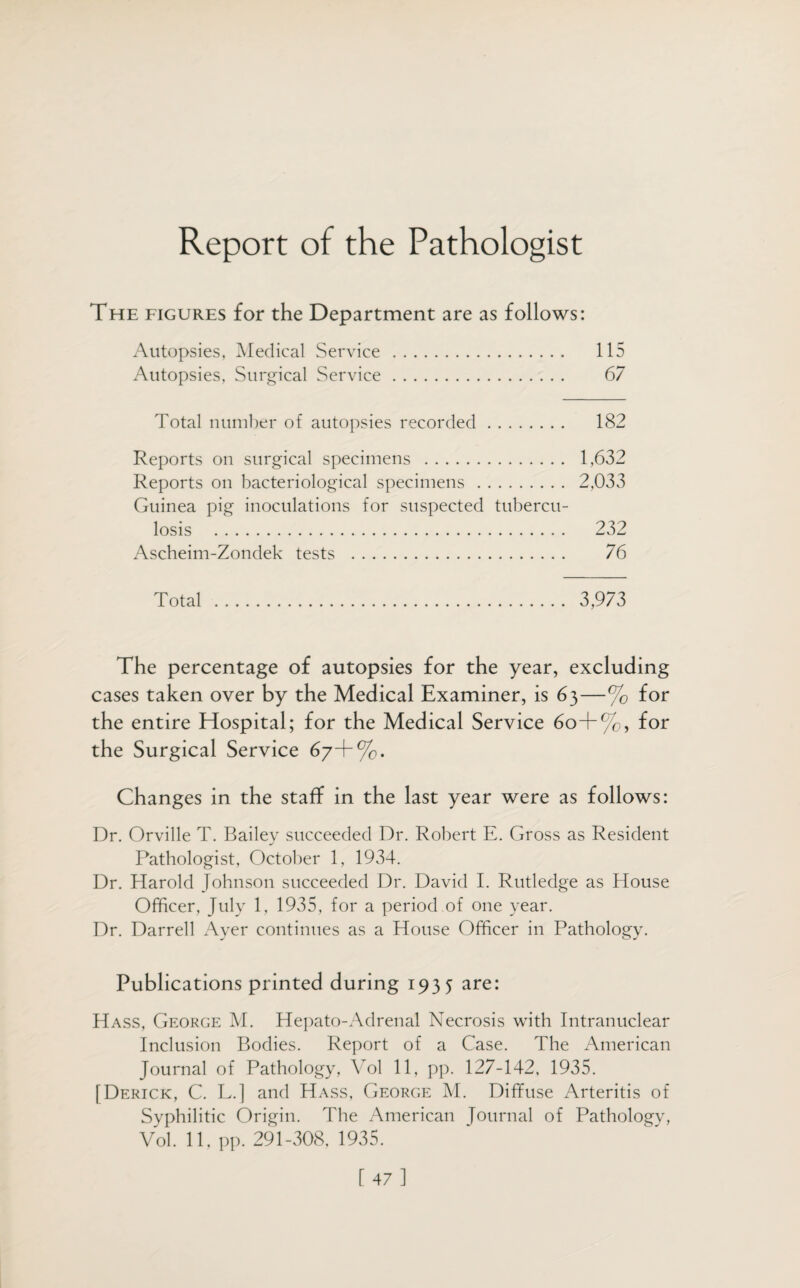 Report of the Pathologist The figures for the Department are as follows: Autopsies, Medical Service. 115 Autopsies, Surgical Service. 67 Total number of autopsies recorded. 182 Reports on surgical specimens . 1,632 Reports on bacteriological specimens. 2,033 Guinea pig inoculations for suspected tubercu¬ losis . 232 Ascheim-Zondek tests . 76 Total . 3,973 The percentage of autopsies for the year, excluding cases taken over by the Medical Examiner, is 63—% for the entire Hospital; for the Medical Service 60+%, for the Surgical Service 67+%. Changes in the staff in the last year were as follows: Dr. Orville T. Bailey succeeded Dr. Robert E. Gross as Resident Pathologist, October 1, 1934. Dr. Harold Johnson succeeded Dr. David I. Rutledge as House Officer, July 1, 1935, for a period of one year. Dr. Darrell Ayer continues as a House Officer in Pathology. Publications printed during 1935 are: Hass, George M. Hepato-Adrenal Necrosis with Intranuclear Inclusion Bodies. Report of a Case. The American Journal of Pathology, Yol 11, pp. 127-142, 1935. [Derick, C. L.] and Hass, George M. Diffuse Arteritis of Syphilitic Origin. The American Journal of Pathology, Vol. 11, pp. 291-308, 1935.