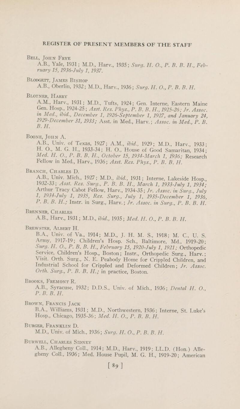 Bell, John Frye A.B., Yale, 1931; M.D., Harv., 1935; Surg. H. 0., P. B. B. H., Feb¬ ruary 15,1936-July 1, 1937. Blodgett, James Bishop A.B., Oberlin, 1932; M.D., Harv., 1936; Surg. H. O., P. B. B. PL Blotner, Harry A. M., Harv., 1931; M.D., Tufts, 1924; Gen. Interne, Eastern Maine Gen. Hosp., 1924-25; Asst. Res. Phys., P. B. B. H., 1925-26; Jr. Assoc, in Med., ibid., December 1, 1926-September 1, 1927, and January 24, 1929-Dccember 31, 1933; Asst, in Med., Harv.; Assoc, in Med., P. B. B. H. Boone, John A. A.B., Univ. of Texas, 1927; A.M., ibid., 1929; M.D., Harv., 1933; H. O., M. G. H., 1933-34; H. O., House of Good Samaritan, 1934; Med. H. O., P. B. B. H., October 15, 1934-March 1, 1936; Research Fellow in Med., Harv., 1936; Asst. Res. Phys., P. B. B. H. Branch, Charles D. A.B., Univ. Mich., 1927; M.D., ibid., 1931; Interne, Lakeside Hosp., 1932-33; Asst. Res. Surg., P. B. B. H., March 1, 1933-July 1, 1934; Arthur Tracy Cabot Fellow, Harv., 1934-35; Jr. Assoc, in Surg., July I, 1934-July 1, 1935, Res. Surg., July 1, 1935-December 1, 1936, P. B. B. H.; Instr. in Surg., Harv.; Jr. Assoc, in Surg., P. B. B. H. Brenner, Charles A.B., Harv., 1931; M.D., ibid., 1935; Med. H. O., P. B. B. H. Brewster, Albert H. B A., Univ. of Va., 1914; M.D., J. H. M. S., 1918; M. C., U. S. Army, 1917-19; Children’s Hosp. Sch., Baltimore, Md., 1919-20; Surg. H. O., P. B. B. H., February 15, 1920-July 1, 1921; Orthopedic Service, Children’s Hosp., Boston; Instr., Orthopedic Surg., Harv.; Visit. Orth. Surg., N. E. Peabody Home for Crippled Children, and Industrial School for Crippled and Deformed Children; Jr. Assoc. Orth. Surg., P. B. B. H.; in practice, Boston. Brooks, Fremont R. A. B., Syracuse, 1932; D.D.S., Univ. of Mich., 1936; Dental PI. 0., P. B. B. H. Brown, Francis Jack B. A., Williams, 1931; M.D., Northwestern, 1936; Interne, St. Luke’s Hosp., Chicago, 1935-36; Med. H. O., P. B. B. PI. Burger, Franklin D. M.D., Univ. of Mich., 1936; Surg. H. O., P. B. B. PL Burwell, Charles Sidney A.B., Allegheny Coll., 1914; M.D., Harv., 1919; LL.D. (Hon.) Alle¬ gheny Coll., 1936; Med. House Pupil, M. G. H., 1919-20; American