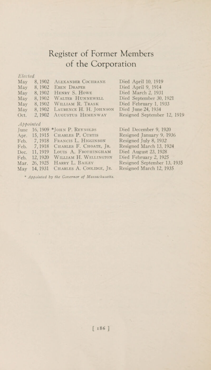 Register of Former Members of the Corporation Elected May 8,1902 May 8, 1902 May 8,1902 May 8,1902 May 8,1902 May 8,1902 Oct. 2,1902 Appointed J une 16, 1909 Apr. 15, 1915 Feb. 7, 1918 Feb. 7, 1918 Dec. 11,1919 Feb. 12, 1920 Mar. 26,1925 May 14, 1931 Alexander Cochrane Eben Draper Henry S. Howe Walter Hunnewell William R. Trask Laurence H. H. Johnson Augustus Hemenway ♦John P. Reynolds Charles P. Curtis Francis L. Higginson Charles F. Choate, Jr. Louis A. Frothingham William H. Wellington Harry L. Bailey Charles A. Coolidge, Jr. * Appointed by the Governor of Massachusetts. Died April 10, 1919 Died April 9, 1914 Died March 2, 1931 Died September 30, 1921 Died February 1, 1933 Died June 24, 1934 Resigned September 12, 1919 Died December 9, 1920 Resigned January 9, 1936 Resigned July 8, 1932 Resigned March 13, 1924 Died August 23, 1928 Died February 2, 1925 Resigned September 13, 1935 Resigned March 12, 1935