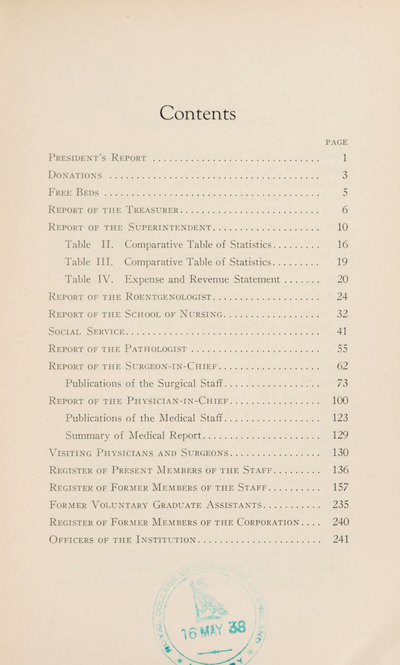 Contents PAGE President’s Report . 1 Donations . 3 Free Beds. 5 Report of the Treasurer. 6 Report of the Superintendent. 10 Table II. Comparative Table of Statistics. 16 Table III. Comparative Table of Statistics. 19 Table IV. Expense and Revenue Statement. 20 Report of the Roentgenologist. 24 Report of the School of Nursing. 32 Social Service. 41 Report of the Pathologist. 55 Report of the Surgeon-in-Chief. 62 Publications of the Surgical Staff. 73 Report of the Physician-in-Chief. 100 Publications of the Medical Staff. 123 Summary of Medical Report. 129 Visiting Physicians and Surgeons. 130 Register of Present Members of the Staff. 136 Register of Former Members of the Staff. 157 Former Voluntary Graduate Assistants. 235 Register of Former Members of the Corporation. . . . 240 Officers of the Institution. 241