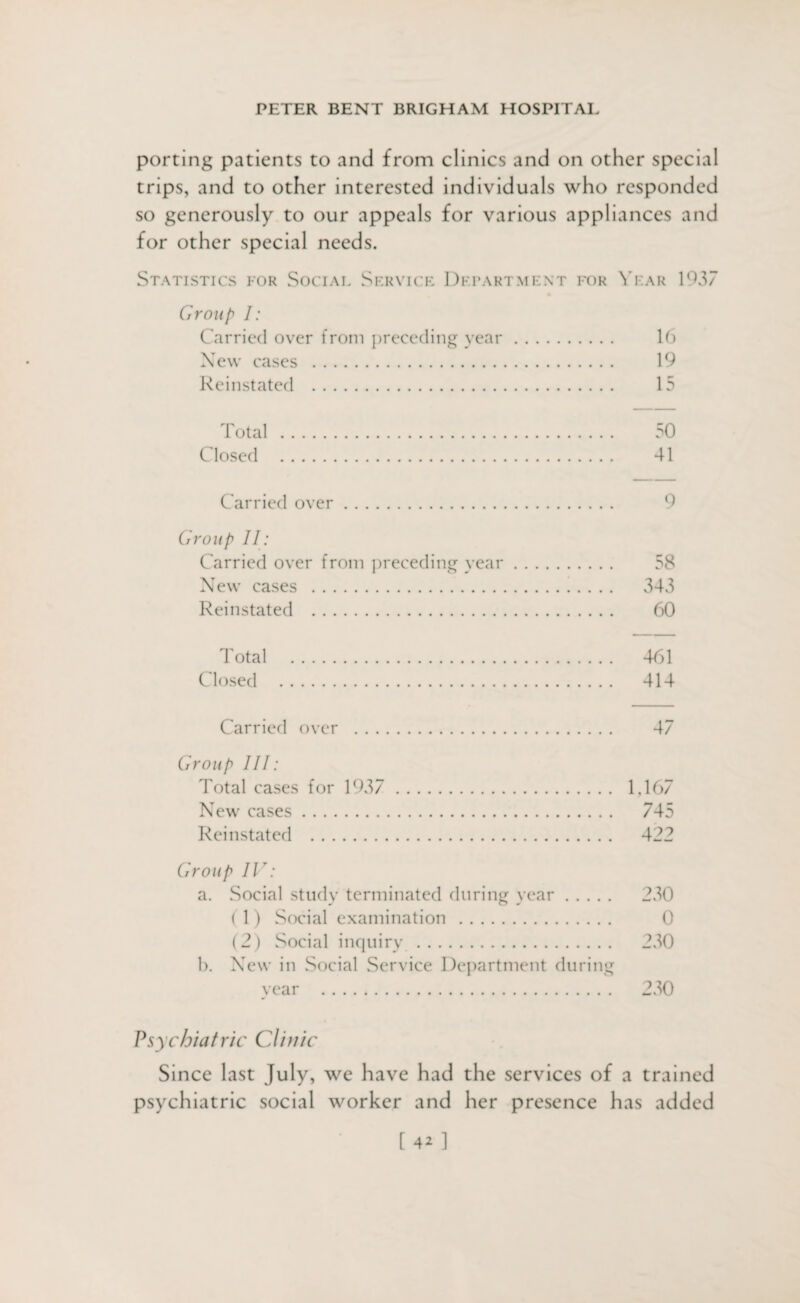 porting patients to and from clinics and on other special trips, and to other interested individuals who responded so generously to our appeals for various appliances and for other special needs. Statistics for Social Service Department for Year 1937 Ci roup I: Carried over from preceding year. 16 New cases . 19 Reinstated . 15 Total . 50 Closed . 41 Carried over. 9 Group II: Carried over from preceding year. 58 New cases . 343 Reinstated . 60 Total . 461 Closed . 414 Carried over . 47 Group III: Total cases for 1937 . 1,167 New cases. 745 Reinstated . 422 Group IV: a. Social study terminated during year. 230 (1) Social examination . 0 (2) Social inquiry . 230 1). New in Social Service Department during year . 230 Psychiatric Clinic Since last July, we have had the services of a trained psychiatric social worker and her presence has added [42]