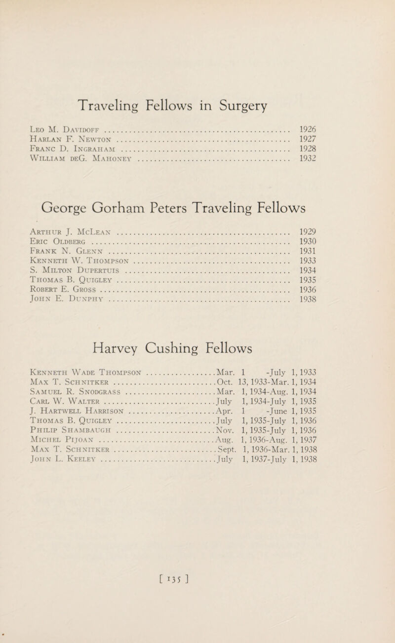 Traveling Fellows in Surgery Leo M. Davidoff . 1926 Harlan F. Newton . 1927 Franc D. Ingraham . 1928 William deG. Mahoney . 1932 George Gorham Peters Traveling Fellows Arthur J. McLean . 1929 Eric Oldberg . 1930 Frank N. Glenn . 1931 Kenneth W. Thompson. 1933 S. Milton Dupertuis . 1934 Thomas B. Quigley . 1935 Robert E. Gross. 1936 John E. Dunphy . 1938 Harvey Cushing Fellows Kenneth Wade Thompson .Mar. Max T. Schnitker .Oct. Samuel R. Snodgrass .Mar. Carl W. Walter.July J. Hartwell Harrison .Apr. Thomas B. Quigley.July Philip Shambaugh .Nov. Michel Pijoan .Aug. Max T. Schnitker.Sept. John L. Keeley .July 1 -July 1,1933 13, 1933-Mar. 1, 1934 1.1934- Aug. 1,1934 1, 1934-July 1,1935 1 -June 1, 1935 1, 1935-July 1, 1936 1.1935- July 1, 1936 1, 1936-Aug. 1,1937 1, 1936-Mar. 1, 1938 1, 1937-July 1, 1938