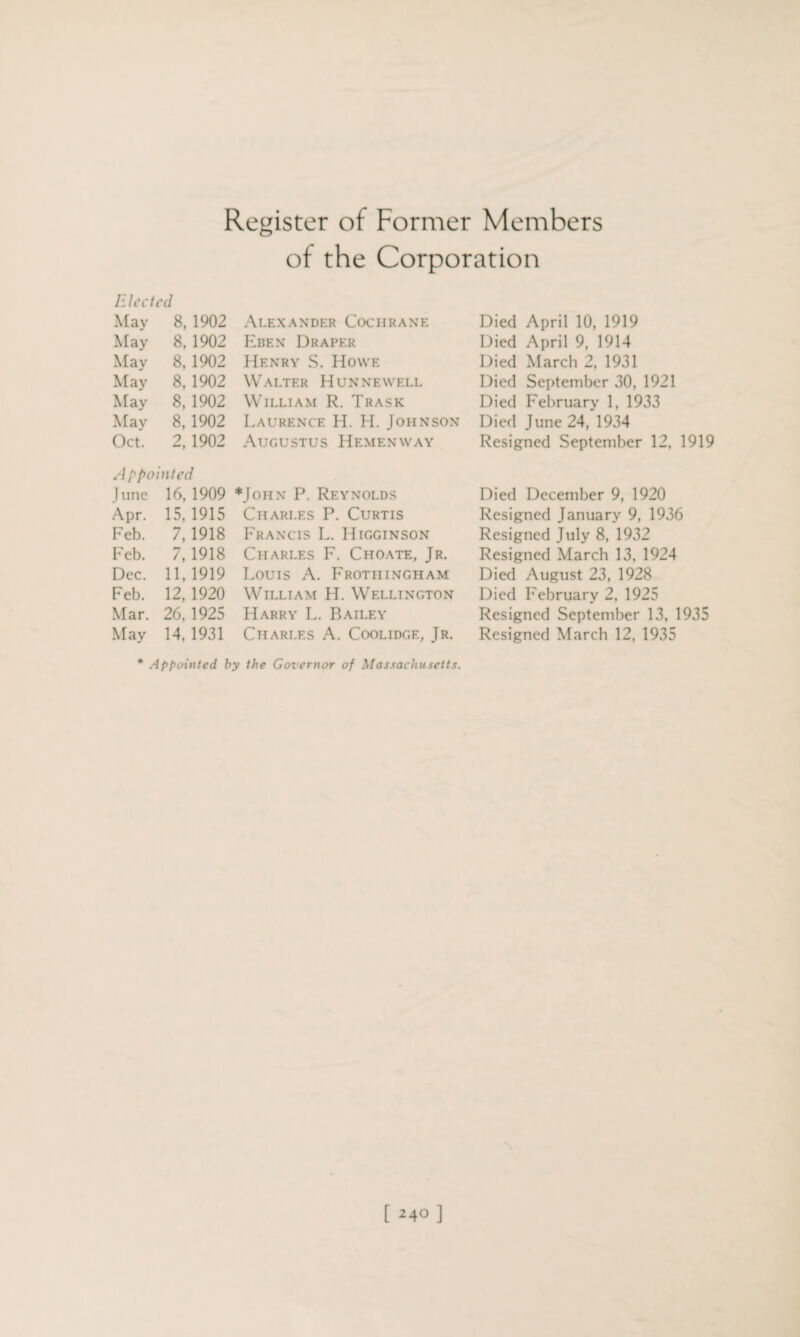 Register of Former Members of the Corporation Elected May 8, 1902 May 8, 1902 May 8, 1902 May 8, 1902 May 8, 1902 May 8,1902 Oct. 2,1902 Appo< inted J une 16, 1909 Apr. 15, 1915 Feb. 7,1918 Feb. 7,1918 Dec. 11,1919 Feb. 12, 1920 Mar. 26, 1925 May 14, 1931 Alexander Cochrane Eben Draper Henry S. Howe Walter Hunnewell William R. Trask Laurence H. H. Johnson Augustus Hemenway ♦John P. Reynolds Charles P. Curtis Francis L. Higginson Charles F. Choate, Jr. Louis A. Frothingham William H. Wellington Harry L. Bailey Charles A. Coolidge, Jr. Died April 10, 1919 Died April 9, 1914 Died March 2, 1931 Died September 30, 1921 Died February 1, 1933 Died June 24, 1934 Resigned September 12, 1919 Died December 9, 1920 Resigned January 9, 1936 Resigned July 8, 1932 Resigned March 13, 1924 Died August 23, 1928 Died February 2, 1925 Resigned September 13, 1935 Resigned March 12, 1935 * Appointed by the Governor of Massachusetts.