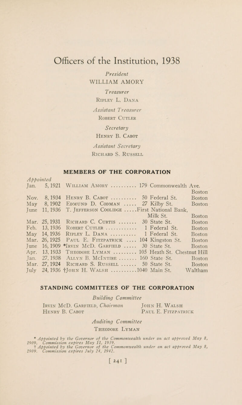 Officers of the Institution, 1938 President WILLIAM AMORY Treasurer Ripley L. Dana Assistant Treasurer Robert Cutler Secretary Henry B. Cabot Assistant Secretary Richard S. Russell MEMBERS OF THE CORPORATION A p pointed Jan. 5, 1921 William Amory . 179 Commonwealth Ave. Boston Nov. 8, 1934 Henry B. Cabot. 50 Federal St. Boston May 8, 1902 Edmund D. Codman . 27 Kilby St. Boston June 11, 1936 T. Jefferson Coolidge.First National Bank, Milk St. Boston Mar. 25, 1931 Richard C. Curtis . 30 State St. Boston Feb. 13, 1936 Robert Cutler. 1 Federal St. Boston May 14, 1936 Ripley L. Dana . 1 Federal St. Boston Mar. 26, 1925 Paul E. Fitzpatrick _ 104 Kingston St. Boston June 16, 1909 ♦Irvin McD. Garfield . 30 State St. Boston Apr. 13, 1933 Theodore Lyman.105 Heath St. Chestnut Hill Jan. 27, 1938 Allyn B. McIntire;. 160 State St. Boston Mar. 27, 1924 Richard S. Russell. 50 State St. Boston July 24, 1936 JJohn H. Walsh .1040 Main St. Waltham STANDING COMMITTEES OF THE CORPORATION Building Committee Irvin McD. Garfield, Chairman John H. Walsh Henry B. Cabot Paul E. Fitzpatrick Auditing Committee Theodore Lyman * Appointed, by the Governor of the Commonwealth under an act approved May 8, 1909. Commission expires May 11, 1939. t Appointed by the Governor of the C ommonwealth under an act approved May 8, 1909. Commission expires July 24, 1942.