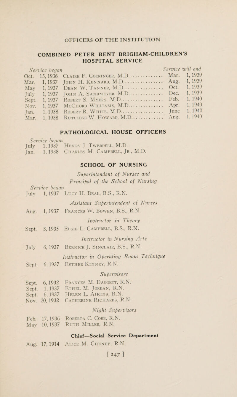 COMBINED PETER BENT BRIGHAM-CHILDREN’S HOSPITAL SERVICE Service began Service zmll end Oct. 15, 1936 Claire F. Goeringer, M.D. Mar. 1, 1939 Mar. 1, 1937 John H. Kennard, M.D. Aug. 1,1939 May 1, 1937 Dean W. Tanner, M.D. Oct. 1, 1939 July 1, 1937 John A. Sandmeyer, M.D. Dec. 1, 1939 Sept. 1, 1937 Robert S. Myers, M.D. Feb. 1, 1940 Nov. 1,1937 McChord Williams, M.D. Apr. 1,1940 Jan. 1,1938 Robert R. White. M.D.. June 1,1940 Mar. 1,1938 Rutledge W. Howard, M.D. Aug. 1,1940 PATHOLOGICAL HOUSE OFFICERS Service began July 1, 1937 Henry J. Tweddell, M.D. Jan. 1, 1938 Charles M. Campbell, Jr., M.D. SCHOOL OF NURSING Superintendent of Nurses and Principal of the School of Nursing Service began July 1, 1937 Lucy H. Beal, B.S., R.N. Assistant Superintendent of Nurses Aug. 1, 1937 Frances W. Bowen, B.S., R.N. Instructor in Theory Sept. 3, 1935 Elsie L. Campbell, B.S., R.N. Instructor in Nursing Arts July 6, 1937 Bernice J. Sinclair, B.S., R.N. Instructor in Operating Room Technique Sept. 6,1937 Esther Kinney, R.N. Supervisors Sept. 6, 1932 Frances M. Daggett, R.N: Sept. 1, 1937 Ethel M. Jordan, R.N. Sept. 6, 1937 Helen L. Aikins, R.N. Nov. 20, 1932 Catherine Richards, R.N. Night Supervisors Feb. 17, 1936 Roberta C. Cobb, R.N. May 10,1937 Ruth Miller, R.N. Chief—Social Service Department Aug. 17,1914 Altce M. Cheney, R.N.