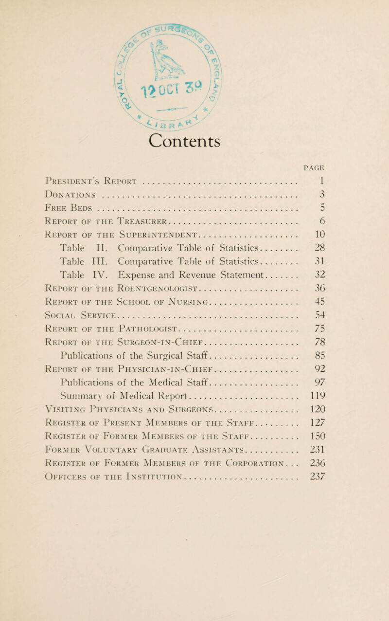 Contents PAGE President’s Report. 1 Donations . 3 Free Beds. 5 Report of the Treasurer. 6 Report of the Superintendent. 10 Table II. Comparative Table of Statistics. 28 Table III. Comparative Table of Statistics. 31 Table IV. Expense and Revenue Statement. 32 Report of the Roentgenologist. 36 Report of the School of Nursing. 45 Social Service. 54 Report of the Pathologist. 75 Report of the Surgeon-in-Chief. 78 Publications of the Surgical Staff. 85 Report of the Physician-in-Chief. 92 Publications of the Medical Staff. 97 Summary of Medical Report. 119 Visiting Physicians and Surgeons. 120 Register of Present Members of the Staff. . .. 127 Register of Former Members of the Staff. 150 Former Voluntary Graduate Assistants. 231 Register of Former Members of the Corporation. . . 236 Officers of the Institution. 237