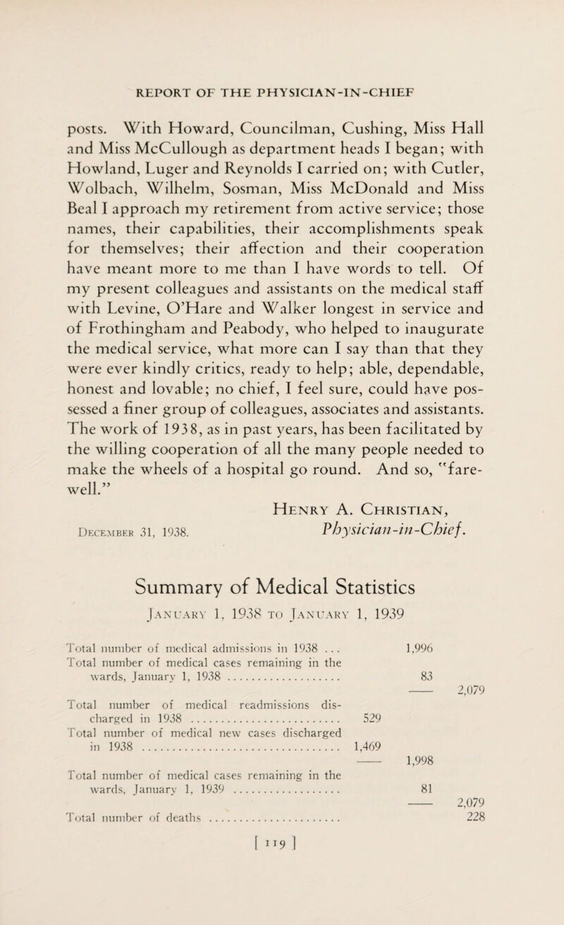 posts. With Howard, Councilman, Cushing, Miss Hall and Miss McCullough as department heads I began; with Howland, Luger and Reynolds I carried on; with Cutler, Wolbach, Wilhelm, Sosman, Miss McDonald and Miss Beal I approach my retirement from active service; those names, their capabilities, their accomplishments speak for themselves; their affection and their cooperation have meant more to me than I have words to tell. Of my present colleagues and assistants on the medical staff with Levine, O’Hare and Walker longest in service and of Frothingham and Peabody, who helped to inaugurate the medical service, what more can I say than that they were ever kindly critics, ready to help; able, dependable, honest and lovable; no chief, I feel sure, could have pos¬ sessed a finer group of colleagues, associates and assistants. The work of 1938, as in past years, has been facilitated by the willing cooperation of all the many people needed to make the wheels of a hospital go round. And so, 'Tare- well.” December 31, 1938. Henry A. Christian, Physician-in-Chief. Summary of Medical Statistics January 1, 1938 to January 1, 1939 Total number of medical admissions in 1938 ... 1,996 Total number of medical cases remaining in the wards, January 1, 1938 . 83 - 2,079 Total number of medical readmissions dis¬ charged in 1938 . 529 Total number of medical new? cases discharged in 1938 . 1,469 - 1,998 Total number of medical cases remaining in the wards, January 1, 1939 . 81 - 2,079 Total number of deaths . 228