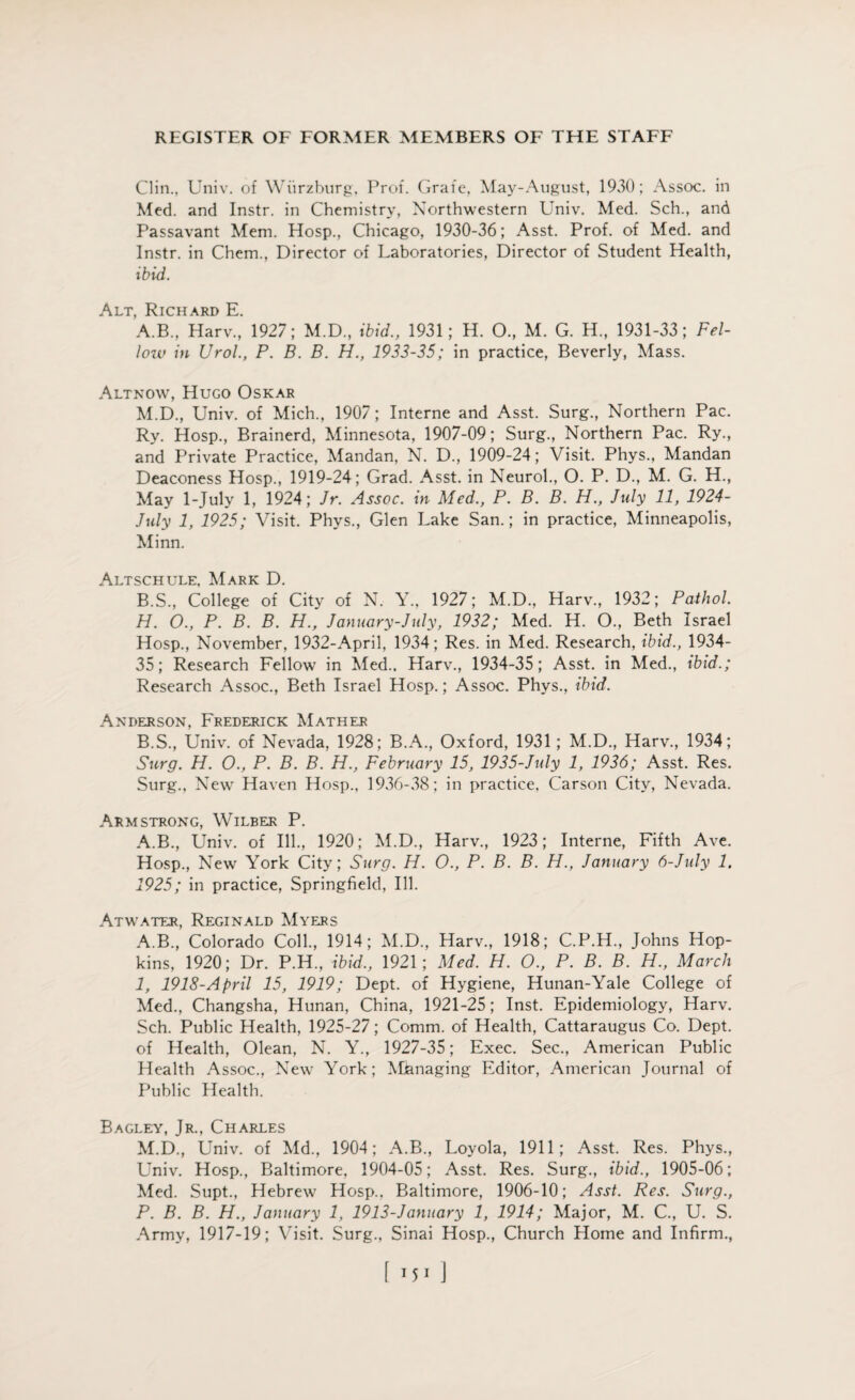 Clin., Univ. of Wurzburg, Prof. Grate, May-August, 1930; Assoc, in Med. and Instr. in Chemistry, Northwestern Univ. Med. Sch., and Passavant Mem. Hosp., Chicago, 1930-36; Asst. Prof, of Med. and Instr. in Chem., Director of Laboratories, Director of Student Health, ibid. Alt, Richard E. A. B., Harv., 1927; M.D., ibid., 1931; H. O., M. G. H., 1931-33; Fel- loiv in Urol., P. B. B. H., 1933-35; in practice, Beverly, Mass. Altnow, Hugo Oskar M.D., Univ. of Mich., 1907; Interne and Asst. Surg., Northern Pac. Ry. Hosp., Brainerd, Minnesota, 1907-09; Surg., Northern Pac. Ry., and Private Practice, Mandan, N. D., 1909-24; Visit. Phys., Mandan Deaconess Hosp., 1919-24; Grad. Asst, in Neurol., O. P. D., M. G. H., May 1-July 1, 1924; Jr. Assoc, in Med., P. B. B. H., July 11, 1924- July 1, 1925; Visit. Phys., Glen Lake San.; in practice, Minneapolis, Minn. Altschule, Mark D. B. S., College of City of N. Y„ 1927; M.D., Harv., 1932; Pathol. H. O., P. B. B. H., January-July, 1932; Med. H. O., Beth Israel Hosp., November, 1932-April, 1934; Res. in Med. Research, ibid., 1934- 35; Research Fellow in Med.. Harv., 1934-35; Asst, in Med., ibid.; Research Assoc., Beth Israel Hosp.; Assoc. Phys., ibid. Anderson, Frederick Mather B.S., Univ. of Nevada, 1928; B.A., Oxford, 1931; M.D., Harv., 1934; Surg. H. O., P. B. B. H., February 15, 1935-July 1, 1936; Asst. Res. Surg., New Haven Hosp., 1936-38; in practice, Carson City, Nevada. Armstrong, Wilber P. A.B., Univ. of Ill., 1920; M.D., Harv., 1923; Interne, Fifth Ave. Hosp., New York City; Surg. H. 0., P. B. B. H., January 6-JuIy 1. 1925; in practice, Springfield, Ill. Atwater, Reginald Myers A.B., Colorado Coll., 1914; M.D., Harv., 1918; C.P.H., Johns Hop¬ kins, 1920; Dr. P.H., ibid., 1921; Med. H. O., P. B. B. H., March I, 1918-April 15, 1919; Dept, of Hygiene, Hunan-Yale College of Med., Changsha, Hunan, China, 1921-25; Inst. Epidemiology, Harv. Sch. Public Health, 1925-27; Comm, of Health, Cattaraugus Co. Dept, of Health, Olean, N. Y., 1927-35; Exec. Sec., American Public Health Assoc., New York; Managing Editor, American Journal of Public Health. Bagley, Jr., Charles M.D., Univ. of Md., 1904; A.B., Loyola, 1911; Asst. Res. Phys., Univ. Hosp., Baltimore, 1904-05; Asst. Res. Surg., ibid., 1905-06; Med. Supt., Hebrew Hosp., Baltimore, 1906-10; Asst. Res. Surg., P. B. B. H., January 1, 1913-January 1, 1914; Major, M. C., U. S. Army, 1917-19; Visit. Surg., Sinai Hosp., Church Home and Infirm.,