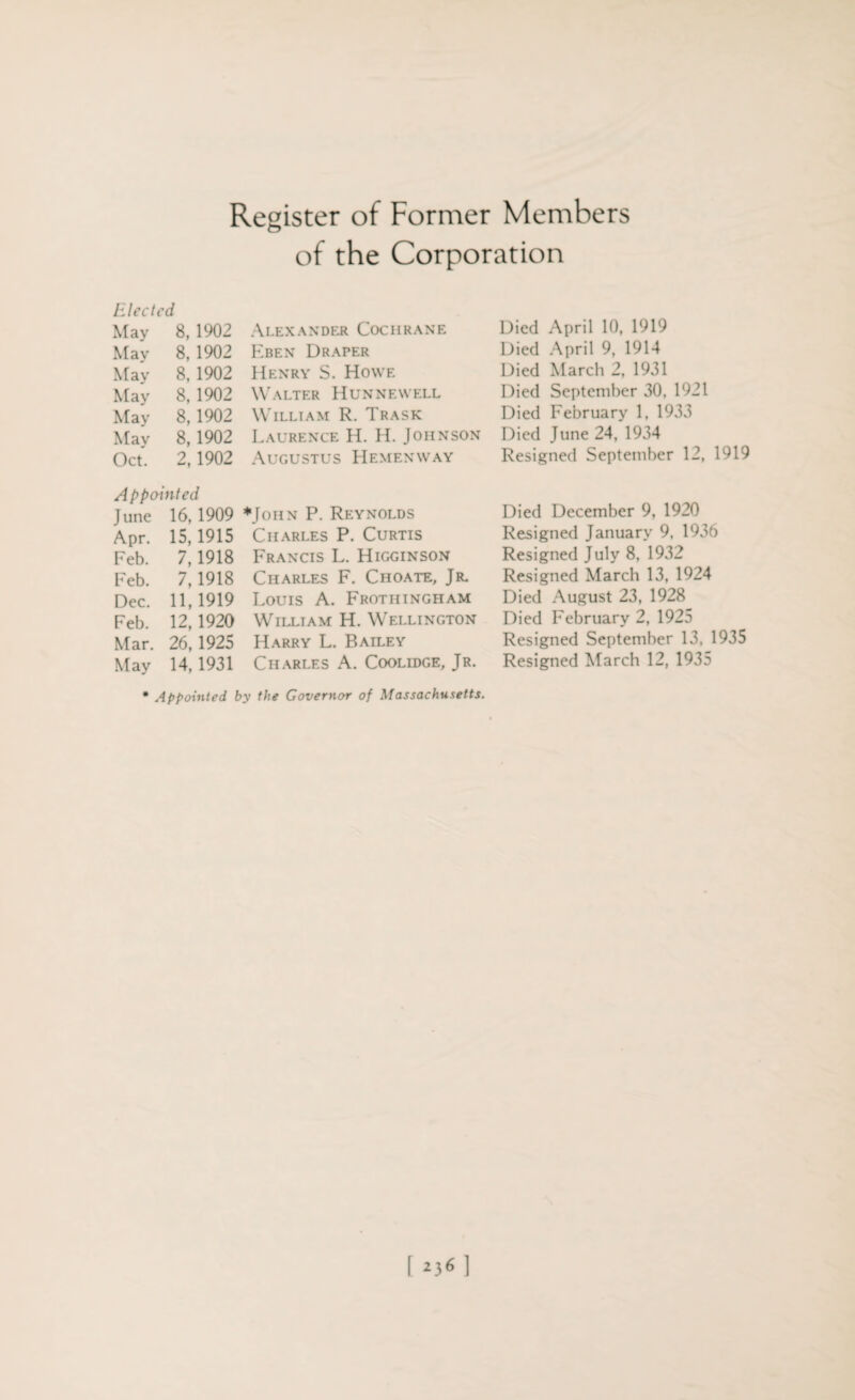 Register of Former Members of the Corporation Elected. May 8, 1902 Mav 8, 1902 Mav 8, 1902 May 8, 1902 May 8, 1902 May 8, 1902 Oct. 2,1902 A p painted June 16, 1909 Apr. 15, 1915 Feb. 7,1918 Feb. 7,1918 Dec. 11,1919 Feb. 12,1920 Mar. 26, 1925 May 14, 1931 Alexander Cochrane Eben Draper Henry S. Howe Walter Hunnewell William R. Trask Laurence H. H. Johnson Augustus Hemenway ♦John P. Reynolds Charles P. Curtis Francis L. Higginson Charles F. Choate, Jr. Louis A. Frothingham William H. Wellington Harry L. Bailey Charles A. Coolidge, Jr. * Appointed by the Governor of Massachusetts. Died April 10, 1919 Died April 9, 1914 Died March 2, 1931 Died September 30, 1921 Died February 1, 1933 Died June 24, 1934 Resigned September 12, 1919 Died December 9, 1920 Resigned January 9, 1936 Resigned July 8, 1932 Resigned March 13, 1924 Died August 23, 1928 Died February 2, 1925 Resigned September 13, 1935 Resigned March 12, 1935