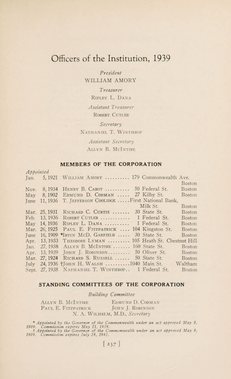 Officers of the Institution, 1939 President WILLIAM AMORY Treasurer Ripley L. Dana Assistant Treasurer Robert Cutler Secretary Nathaniel T. Winthrop Assistant Secretary Allyn B. McIntire MEMBERS OF THE CORPORATION A ppointed Jan. 5, 1921 William Amory . Nov. 8, 1934 Henry B. Cabot. May 8, 1902 Edmund D. Codman _ June 11,1936 T. Jefferson Coolidge- Mar. 25, 1931 Richard C. Curtis . Feb. 13, 1936 Robert Cutler. May 14, 1936 Ripley L. Dana . Mar. 26,1925 Paul E. Fitzpatrick ... June 16, 1909 *Irvin McD. Garfield - Apr. 13, 1933 Theodore Lyman . Jan. 27, 1938 Allyn B. McIntire. Apr. 13, 1939 John J. Robinson. Mar. 27, 1924 Richard S. Russell. July 24, 1936 JJohn H. Walsh . Sept. 27, 1938 Nathaniel T. Winthrop. 179 Commonwealth Ave. Boston 50 Federal St. Boston 27 Kilby St. Boston First National Bank, Milk St. Boston 30 State St. Boston 1 Federal St. Boston 1 Federal St. Boston 104 Kingston St. Boston 30 State St. Boston 105 Heath St. Chestnut Hill 160 State St. Boston 50 Oliver St. Boston 50 State St. Boston 1040 Main St. Waltham 1 Federal St. Boston STANDING COMMITTEES OF THE CORPORATION Building Committee Allyn B. McIntire Edmund D. Codman Paul E. Fitzpatrick John J. Robinson N. A. Wilhelm, M.D., Secretary * Appointed, by the Governor of the Commonwealth under an act approved May 8, 1909. Commission expires May 11, 1939. t Appointed by the Governor of the Commonwealth under an act approved May 8, 1909. Commission expires July 24, 1942.