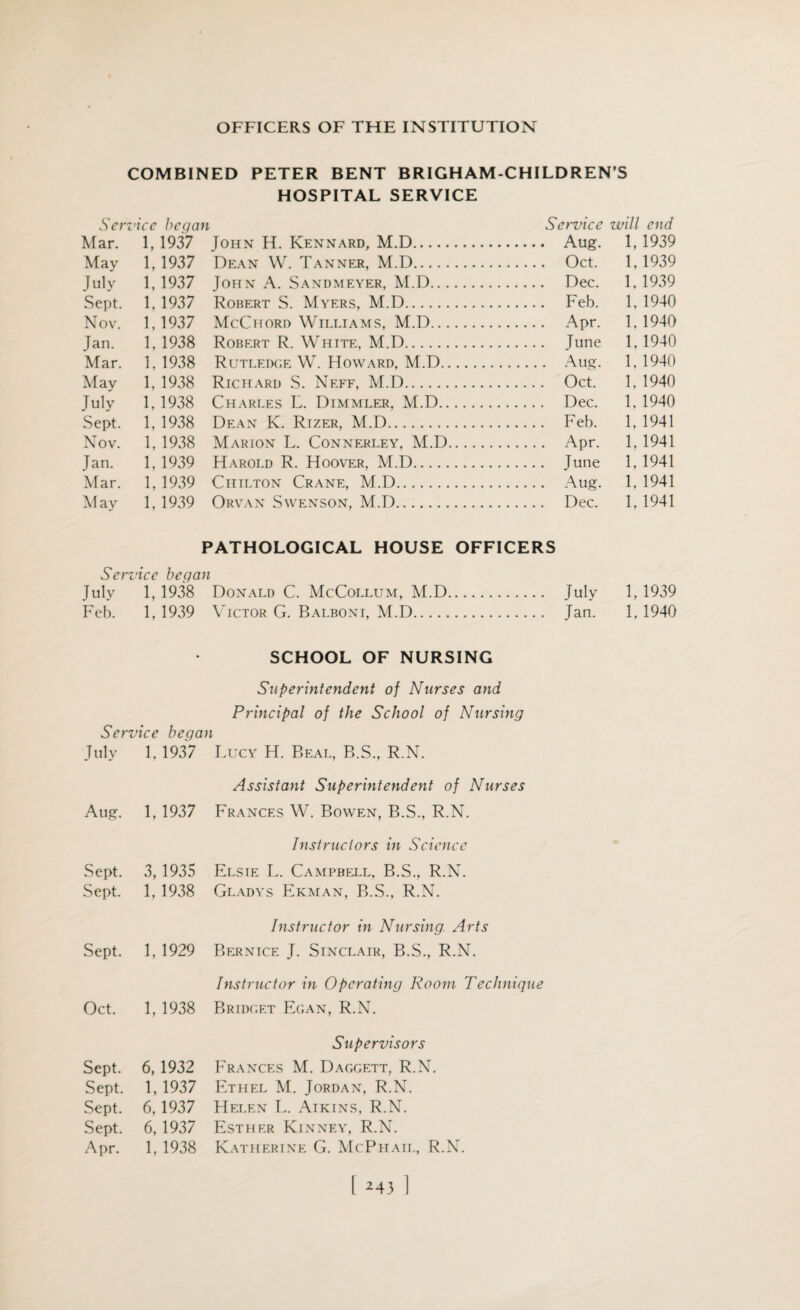 COMBINED PETER BENT BRIGHAM-CHILDREN’S HOSPITAL SERVICE Service began Service will end Mar. 1, 1937 John H. Kennard, M.D. Aug. 1, 1939 May 1, 1937 Dean W. Tanner, M.D. Oct. 1, 1939 July 1, 1937 John A. Sandmeyer, M.D. Dec. 1, 1939 Sept. 1, 1937 Robert S. Myers, M.D. Feb. 1, 1940 Nov. 1, 1937 McChord Williams, M.D. Apr. 1. 1940 Jan. 1, 1938 Robert R. White, M.D. June 1, 1940 Mar. 1. 1938 Rutledge W. Howard, M.D. Aug. 1, 1940 May 1. 1938 Richard S. Neff, M.D. Oct. 1, 1940 July 1, 1938 Charles L. Dimmler, M.D. Dec. 1, 1940 Sept. 1. 1938 Dean K. Rizer, M.D. Feb. 1, 1941 Nov. 1, 1938 Marion L. Connerley, M.D. Apr. 1, 1941 Jan. 1. 1939 Harold R. Hoover, M.D. June 1, 1941 Mar. 1, 1939 Chilton Crane, M.D. Aug. 1, 1941 May 1, 1939 Orvan Swenson, M.D. Dec. 1, 1941 PATHOLOGICAL HOUSE OFFICERS Service began July 1,1938 Donald C. McCollum, M.D. July 1, 1939 Feb. 1, 1939 Victor G. Balboni, M.D. Jan. 1, 1940 SCHOOL OF NURSING Superintendent of Nurses and Principal of the School of Nursing Service began July 1, 1937 Lucy H. Beal, B.S., R.N. Assistant Superintendent of Nurses Aug. 1, 1937 Frances W. Bowen, B.S., R.N. Instructors in Science Sept. 3,1935 Elsie L. Campbell, B.S., R.N. Sept. 1, 1938 Gladys Ekman, B.S., R.N. Instructor in Nursing Arts Sept. 1, 1929 Bernice J. Sinclair, B.S., R.N. Instructor in Operating Room Technique Oct. 1, 1938 Bridget Egan, R.N. Supervisors Sept. 6, 1932 Frances M. Daggett, R.N. Sept. 1, 1937 Ethel M. Jordan, R.N. Sept. 6, 1937 Helen L. Aikins, R.N. Sept. 6, 1937 Esther Kinney, R.N. Apr. 1, 1938 Katherine G. McPhail, R.N.