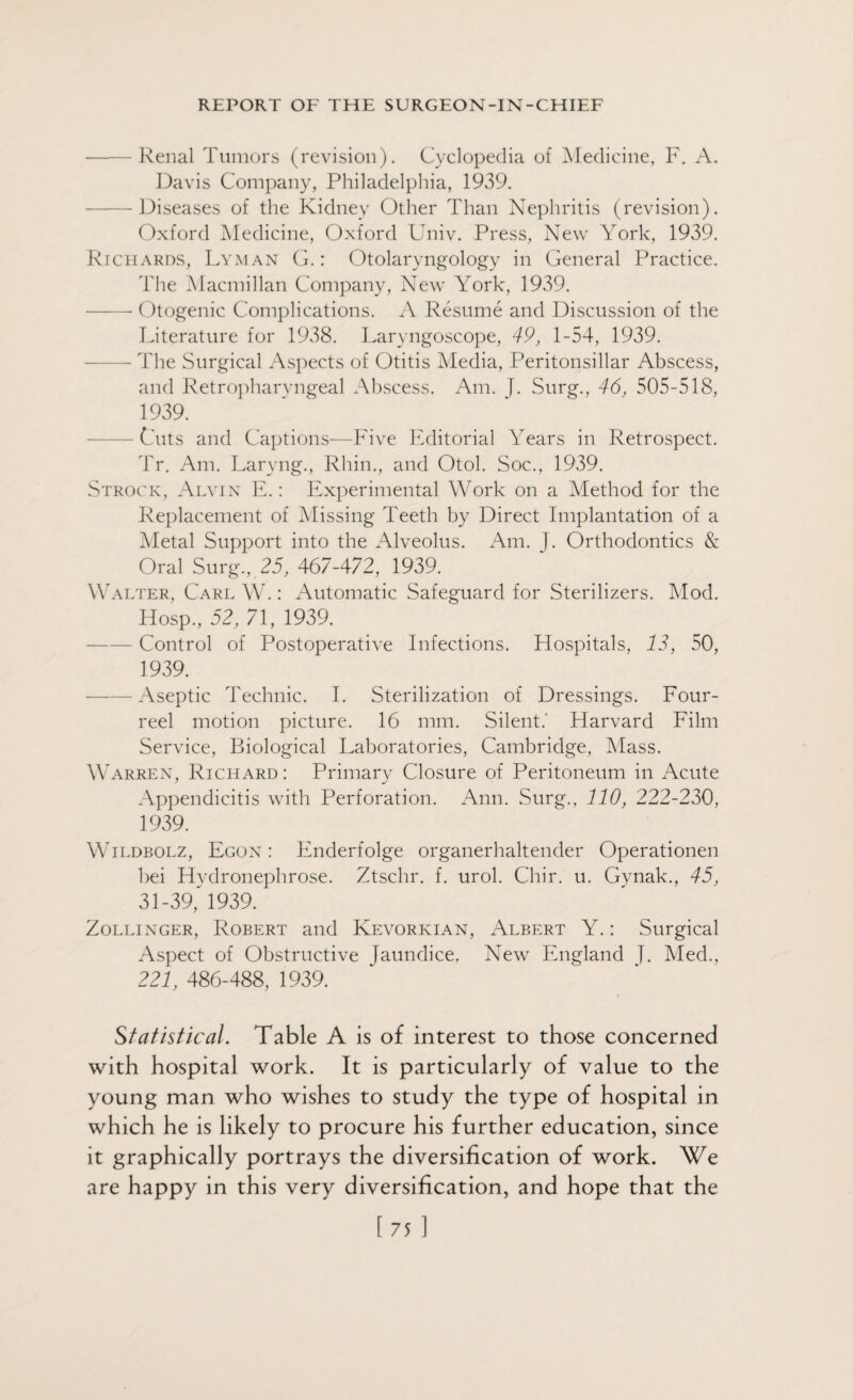 -Renal Tumors (revision). Cyclopedia of Medicine, F. A. Davis Company, Philadelphia, 1939. -Diseases of the Kidney Other Than Nephritis (revision). Oxford Medicine, Oxford Univ. Press, New York, 1939. Richards, Lyman G.: Otolaryngology in General Practice. The Macmillan Company, New York, 1939. -Otogenic Complications. A Resume and Discussion of the Literature for 1938. Laryngoscope, 49, 1-54, 1939. — The Surgical Aspects of Otitis Media, Peritonsillar Abscess, and Retropharvngeal Abscess. Am. J. Surg., 46, 505-518, 1939. - Cuts and Captions—Five Editorial YYars in Retrospect. Tr. Am. Laryng., Rhin., and Otol. Soc., 1939. Strock, Alvin E.: Experimental Work on a Method for the Replacement of Missing Teeth by Direct Implantation of a Metal Support into the Alveolus. Am. J. Orthodontics & Oral Surg., 25, 467-472, 1939. Walter, Carl W.: Automatic Safeguard for Sterilizers. Mod. Hosp., 52, 71, 1939. -Control of Postoperative Infections. Hospitals, 13, 50, 1939. ——Aseptic Technic. I. Sterilization of Dressings. Four- reel motion picture. 16 mm. Silent.' Harvard Film Service, Biological Laboratories, Cambridge, Mass. Warren, Richard : Primary Closure of Peritoneum in Acute Appendicitis with Perforation. Ann. Surg., 110, 222-230, 1939. Wildbolz, Egon : Enderfolge organerhaltender Operationen bei Hvdronephrose. Ztschr. f. urol. Chir. u. Gynak., 45, 31 -39, 1939. Zollinger, Robert and Kevorkian, Albert Y.: Surgical Aspect of Obstructive [aundice, New England I. Med., 221, 486-488, 1939. Statistical. Table A is of interest to those concerned with hospital work. It is particularly of value to the young man who wishes to study the type of hospital in which he is likely to procure his further education, since it graphically portrays the diversification of work. We are happy in this very diversification, and hope that the [75 1