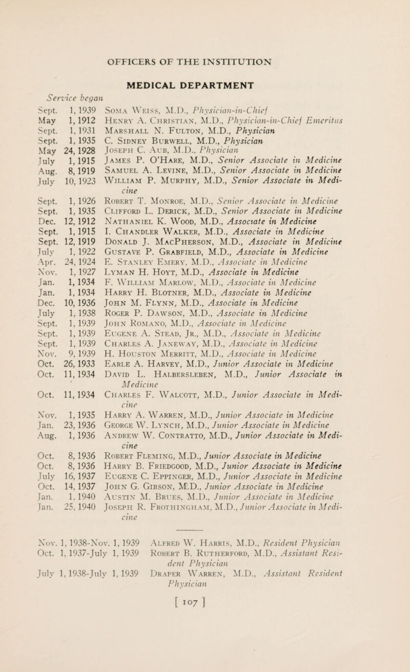 Ser vice bega Sept. 1, 1939 May 1,1912 Sept. 1,1931 Sept. 1, 1935 May 24, 1928 July 1,1915 Aug. 8,1919 July 10, 1923 Sept. 1, 1926 Sept. 1, 1935 Dec. 12,1912 Sept. 1,1915 Sept. 12,1919 July 1, 1922 Apr. 24,1924 N ov. 1, 1927 Jan. 1, 1934 Jan. 1, 1934 Dec. 10,1936 July 1,1938 Sept. 1,1939 Sept. 1, 1939 Sept. 1, 1939 X' o v. 9, 1939 Oct. 26, 1933 Oct. 11, 1934 Oct. 11,1934 Nov. 1,1935 Jan. 23,1936 Aug. 1, 1936 Oct. 8, 1936 Oct. 8,1936 July 16,1937 Oct. 14.1937 Tan. 1.1940 Tan. 25, 1940 MEDICAL DEPARTMENT Soma Weiss, M.D., Physician-in-Chicf Henry A. Christian, M.D., Physician-in-Chicf Emeritus Marshall N. Fulton, M.D., Physician C. Sidney Burwell, M.D., Physician Joseph C. Aub, M.D., Physician James P. O’Hare, M.D., Senior Associate in Medicine Samuel A. Levine, M.D., Senior Associate in Medicine William P. Murphy, M.D., Senior Associate in Medi¬ cine Robert T. Monroe, M.D., Senior Associate in Medicine Clifford L. Derick, M.D., Senior Associate in Medicine Nathaniel K. Wood, M.D., Associate in Medicine I. Chandler Walker, M.D., Associate in Medicine Donald J. MacPherson, M.D., Associate in Medicine Gustave P. Grabfield, M.D., Associate in Medicine E. Stanley Emery, M.D., Associate in Medicine Lyman H. Hoyt, M.D., Associate in Medicine F. William Marlow, M.D., Associate in Medicine Harry H. Blotner, M.D., Associate in Medicine John M. Flynn, M.D., Associate in Medicine Roger P. Dawson, M.D., Associate in Medicine John Romano, M.D., Associate in Medicine Eugene A. Stead, Jr., M.D., Associate in Medicine Charles A. Janeway, M.D., Associate in Medicine H. Houston Merritt, M.D., Associate in Medicine Earle A. Harvey, M.D., Junior Associate in Medicine David L. Halbersleben, M.D., Junior Associate in Medicine Charles F. Walcott, M.D., Junior Associate in Medi¬ cine Harry A. Warren, M.D., Junior Associate in Medicine George W. Lynch, M.D., Junior Associate in Medicine Andrew W. Contratto, M.D., Junior Associate in Medi¬ cine Robert Fleming, M.D., Junior Associate in Medicine Harry B. Friedgood, M.D., Junior Associate in Medicine Eugene C. Eppinger, M.D., Junior Associate in Medicine John G. Gibson, M'.D., Junior Associate in Medicine Austin M. Brues, M.D., Junior Associate in Medicine Joseph R. Frothingham, M.D., Junior Associate in Medi¬ cine Nov. 1, 1938-Nov. 1, 1939 Oct. 1, 1937-July 1, 1939 July 1, 1938-July 1,1939 Alfred W. Harris, M.D., Resident Physician Robert B. Rutherford, M.D., Assistant Resi¬ dent Physician Draper Warren, M.D., Assistant Resident Physician