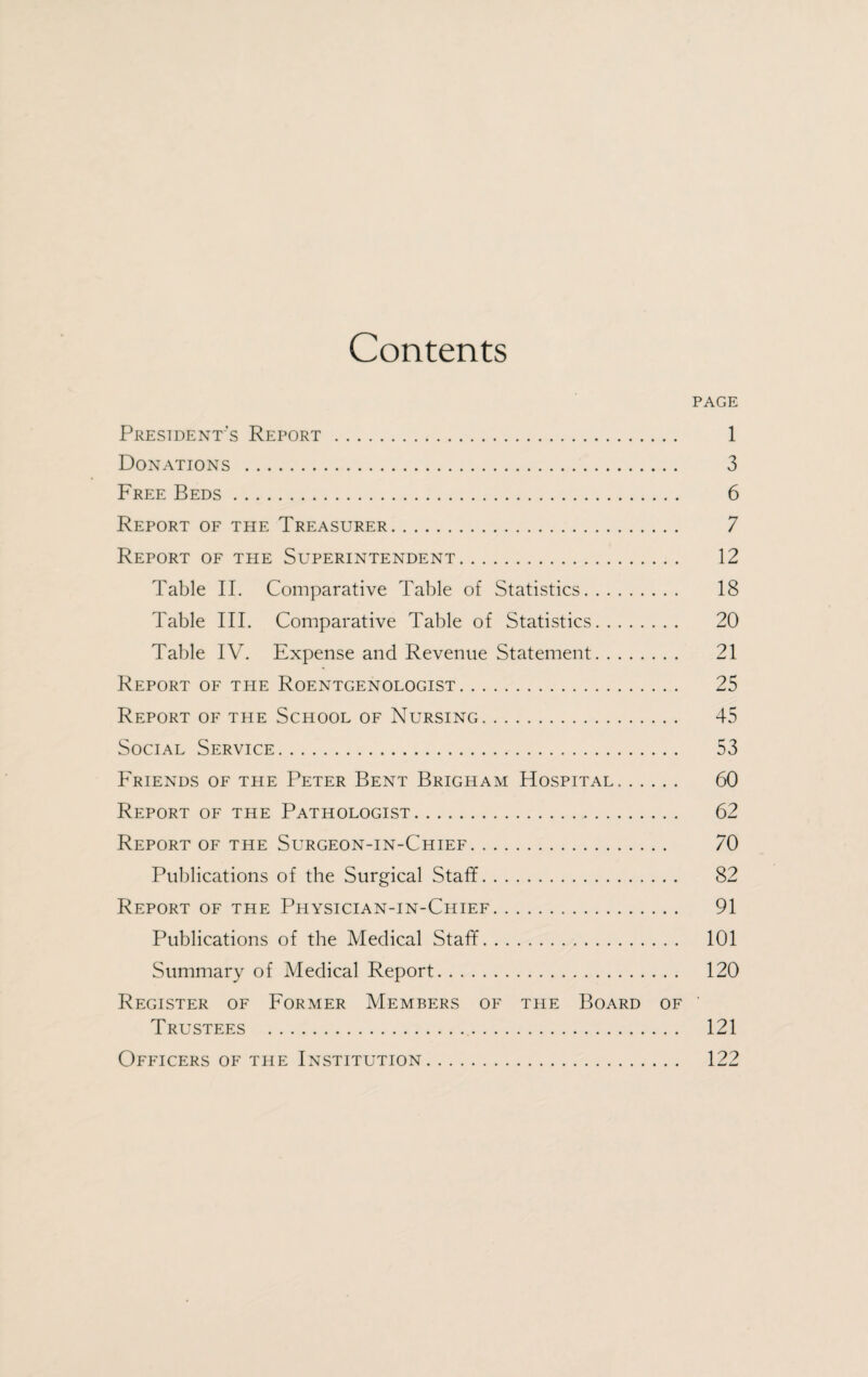 Contents PAGE President's Report. 1 Donations . 3 Free Beds. 6 Report of the Treasurer. 7 Report of the Superintendent. 12 Table II. Comparative Table of Statistics. 18 Table III. Comparative Table of Statistics. 20 Table IV. Expense and Revenue Statement. 21 Report of the Roentgenologist. 25 Report of the School of Nursing. 45 Social Service. 53 Friends of the Peter Bent Brigham Hospital. 60 Report of the Pathologist. 62 Report of the Surgeon-in-Chief. 70 Publications of the Surgical Staff. 82 Report of the Physician-in-Chief. 91 Publications of the Medical Staff. 101 Summary of Medical Report. 120 Register of Former Members of the Board of Trustees ... Officers of the Institution. 121 122