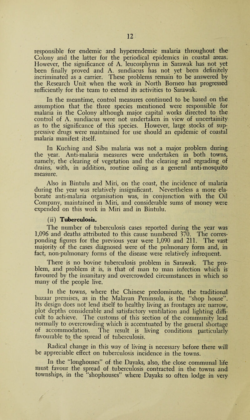 responsible for endemic and hyperendemic malaria throughout the Colony and the latter for the periodical epidemics in coastal areas. However, the significance of A. leucosphyrus in Sarawak has not yet been finally proved and A. sundiacus has not yet been definitely incriminated as a carrier. These problems remain to be answered by the Research Unit when the work in North Borneo has progressed sufficiently for the team to extend its activities to Sarawak. In the meantime, control measures continued to be based on the assumption that the three species mentioned were responsible for malaria in the Colony although major capital works directed to the control of A. sundiacus were not undertaken in view of uncertainity as to the significance of this species. However, large stocks of sup¬ pressive drugs were maintained for use should an epidemic of coastal malaria manifest itself. In Kuching and Sibu malaria was not a major problem during the year. Anti-malaria measures were undertaken in both towns, namely, the clearing of vegetation and the clearing and regrading of drains, with, in addition, routine oiling as a general anti-mosquito measure. Also in Bintulu and Miri, on the coast, the incidence of malaria during the year was relatively insignificant. Nevertheless a more ela¬ borate anti-malaria organisation was, in conjunction with the Oil Company, maintained in Miri, and considerable sums of money were expended on this work in Miri and in Bintulu. (ii) Tuberculosis. The number of tuberculosis cases reported during the year was 1,096 and deaths attributed to this cause numbered 370. The corres¬ ponding figures for the previous year were 1,090 and 211. The vast majority of the cases diagnosed were of the pulmonary form and, in fact, non-pulmonary forms of the disease were relatively infrequent. There is no bovine tuberculosis problem in Sarawak. The pro¬ blem, and problem it is, is that of man to man infection which is favoured by the insanitary and overcrowded circumstances in which so many of the people live. In the towns, where the Chinese predominate, the traditional bazaar premises, as in the Malayan Peninsula, is the “shop house'7. Its design does not lend itself to healthy living as frontages are narrow, plot depths considerable and satisfactory ventilation and lighting diffi¬ cult to achieve. The customs of this section of the community lead normally to overcrowding which is accentuated by the general shortage of accommodation. The result is living conditions particularly favourable to the spread of tuberculosis. Radical change in this way of living is necessary before there will be appreciable effect on tuberculosis incidence in the towns. In the “longhouses” of the Dayaks, also, the close communal life must favour the spread of tuberculosis contracted in the towns and townships, in the “shophouses” where Dayaks so often lodge in very