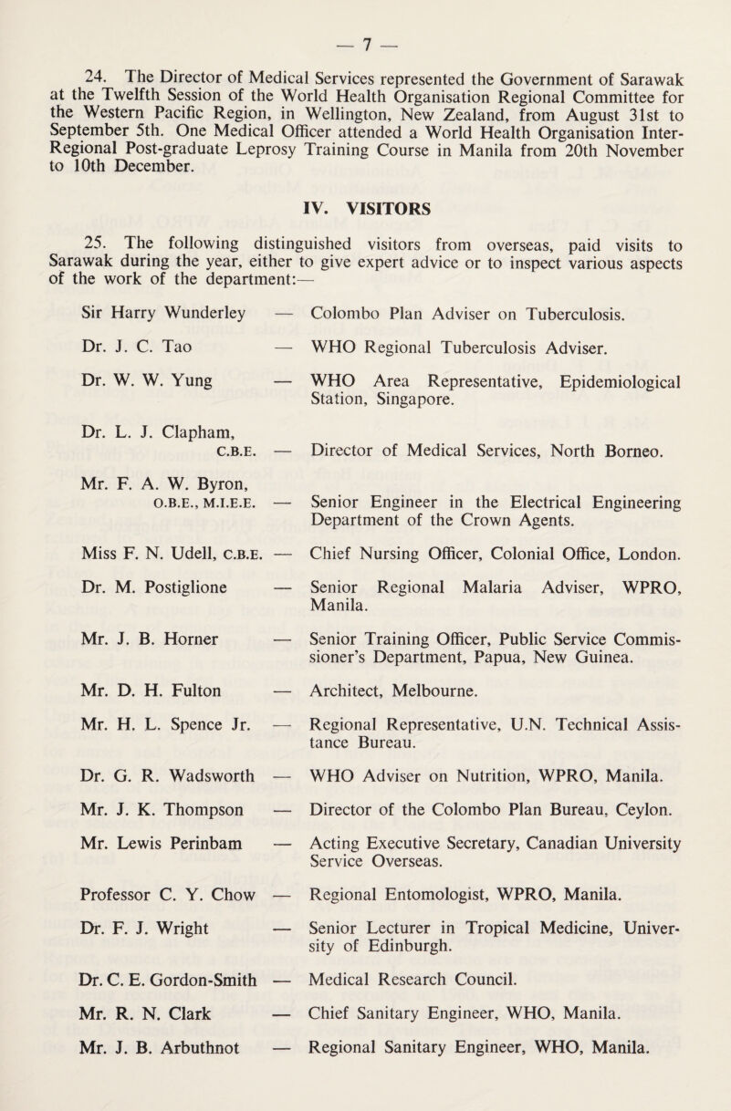 24. The Director of Medical Services represented the Government of Sarawak at the Twelfth Session of the World Health Organisation Regional Committee for the Western Pacific Region, in Wellington, New Zealand, from August 31st to September 5th. One Medical Officer attended a World Health Organisation Inter- Regional Post-graduate Leprosy Training Course in Manila from 20th November to 10th December. IV. VISITORS 25. The following distinguished visitors from overseas, paid visits to Sarawak during the year, either to give expert advice or to inspect various aspects of the work of the department:— Sir Harry Wunderley — Colombo Plan Adviser on Tuberculosis. Dr. J. C. Tao — WHO Regional Tuberculosis Adviser. Dr. W. W. Yung — WHO Area Representative, Epidemiological Station, Singapore. Dr. L. J. Clapham, c.b.e. — Director of Medical Services, North Borneo. Mr. F. A. W. Byron, o.b.e., m.i.e.e. — Senior Engineer in the Electrical Engineering Department of the Crown Agents. Miss F. N. Udell, c.b.e. — Chief Nursing Officer, Colonial Office, London. Dr. M. Postiglione — Senior Regional Malaria Adviser, WPRO, Manila. Mr. J. B. Horner — Mr. D. H. Fulton — Mr. H, L. Spence Jr. Dr. G. R. Wadsworth — Mr. J. K. Thompson — Mr. Lewis Perinbam — Professor C. Y. Chow — Dr. F. J. Wright — Dr. C. E. Gordon-Smith — Mr. R. N. Clark — Mr. J. B. Arbuthnot — Senior Training Officer, Public Service Commis¬ sioner’s Department, Papua, New Guinea. Architect, Melbourne. Regional Representative, U.N. Technical Assis¬ tance Bureau. WHO Adviser on Nutrition, WPRO, Manila. Director of the Colombo Plan Bureau, Ceylon. Acting Executive Secretary, Canadian University Service Overseas. Regional Entomologist, WPRO, Manila. Senior Lecturer in Tropical Medicine, Univer¬ sity of Edinburgh. Medical Research Council. Chief Sanitary Engineer, WHO, Manila. Regional Sanitary Engineer, WHO, Manila.