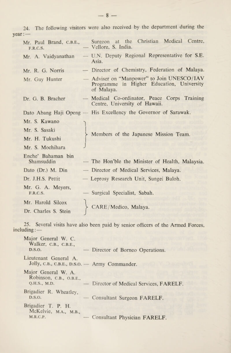 24. The following visitors were also received by the department during the year: Mr. Paul Brand, c.b.e., F.R.C.S. Mr. A. Vaidyanathan Mr. R. G. Norris Mr. Guy Hunter Dr. G. B. Bracher Surgeon at the Christian Medical Centre, — Vellore, S. India. — U.N. Deputy Regional Representative for S.E. Asia. — Director of Chemistry, Federation of Malaya. — Adviser on “Manpower” to Join UNESCO/IAV Programme in Higher Education, University of Malaya. — Medical Co-ordinator, Peace Corps Training Centre, University of Hawaii. Dato Abang Haji Openg -— His Excellency the Governor of Sarawak. Mr. S. Kawano i Mr. S. Sasaki Mr. H. Tukushi Mr. S. Mochihara Enche’ Bahaman bin Shamsuddin Dato (Dr.) M. Din Dr. J.H.S. Pettit Mr. G. A. Meyers, F.R.C.S. Mr. Harold Silcox Dr. Charles S. Stein y Members of the Japanese Mission Team. j — The Hon’ble the Minister of Health, Malaysia. — Director of Medical Services, Malaya. — Leprosy Research Unit, Sungei Buloh. — Surgical Specialist, Sabah. i J* CARE/Medico, Malaya. 25. Several visits have also been paid by senior officers of the Armed Forces, including: — Major General W. C. Walker, c.b., c.b.e., d.s.o. — Director of Borneo Operations. Lieutenant General A. Jolly, c.b., c.b.e., d.s.o. — Army Commander. Major General W. A. Robinson, c.b., o.b.e., q.h.s., m.d. — Director of Medical Services, FARELF. Brigadier R. Wheatley, d.s.o. — Consultant Surgeon FARELF. Brigadier T. P. H. McKelvie, m.a.., m.b., M.R.C.P. Consultant Physician FARELF.
