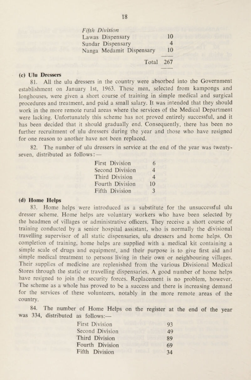 Fifth Division Lawas Dispensary Sundar Dispensary Nanga Medamit Dispensary 10 4 10 Total 267 (e) Ulu Dressers 81. All the ulu dressers in the country were absorbed into the Government establishment on January 1st, 1963. These men, selected from kampongs and longhouses, were given a short course of training in simple medical and surgical procedures and treatment, and paid a small salary. It was intended that they should work in the more remote rural areas where the services of the Medical Department were lacking. Unfortunately this scheme has not proved entirely successful, and it has been decided that it should gradually end. Consequently, there has been no further recruitment of ulu dressers during the year and those who have resigned for one reason to another have not been replaced. 82. The number of ulu dressers in service at the end of the year was twenty- seven, distributed as follows: — First Division 6 4 4 10 3 Second Division Third Division Fourth Division Fifth Division (d) Home Helps 83. Home helps were introduced as a substitute for the unsuccessful ulu dresser scheme. Home helps are voluntary workers who have been selected by the headmen of villages or administrative officers. They receive a short course of training conducted by a senior hospital assistant, who is normally the divisional travelling supervisor of all static dispensaries, ulu dressers and home helps. On completion of training, home helps are supplied with a medical kit containing a simple scale of drugs and equipment, and their purpose is to give first aid and simple medical treatment to persons living in their own or neighbouring villages. Their supplies of medicine are replenished from the various Divisional Medical Stores through the static or travelling dispensaries. A good number of home helps have resigned to join the security forces. Replacement is no problem, however. The scheme as a whole has proved to be a success and there is increasing demand for the services of these volunteers, notably in the more remote areas of the country. 84. The number of Home Helps on the register at the end of the year was 334, distributed as follows:— First Division Second Division Third Division 93 49 89 69 34 Fourth Division Fifth Division