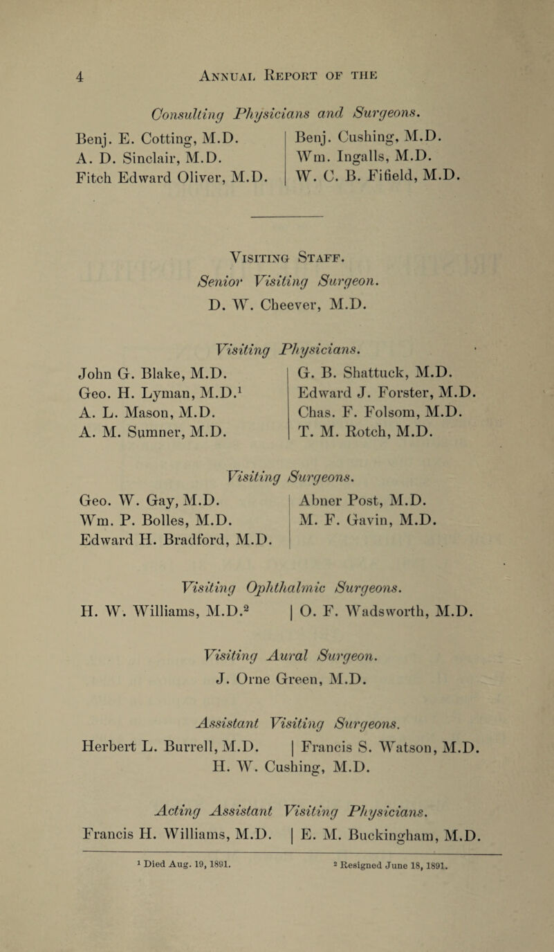 Consulting Physicians and Surgeons. Benj. E. Cotting, M.D. A. D. Sinclair, M.D. Fitch Edward Oliver, M.D. Benj. Cashing, M.D. Wm. Ingalls, M.D. W. C. B. Fifield, M.D. Visiting Staff. Senior Visiting Surgeon. D. W. Cheever, M.D. Visiting Physicians. John G. Blake, M.D. Geo. H. Lyman, M.D.1 A. L. Mason, M.D. A. M. Sumner, M.D. G. B. Shattuck, M.D. Edward J. Forster, M.D. Chas. F. Folsom, M.D. T. M. Botch, M.D. Visiting Surgeons. Geo. W. Gay, M.D. Abner Post, M.D. Wm. P. Bolles, M.D. M. F. Gavin, M.D. Edward H. Bradford, M.D. Visiting Ophthalmic Surgeons. H. W. Williams, M.D.2 | O. F. Wadsworth, M.D. Visiting Aural Surgeon. J. Orne Green, M.D. Assistant Visiting Surgeons. Herbert L. Burrell, M.D. | Francis S. Watson, M.D. H. W. Cushing, M.D. Acting Assistant Visiting Physicians. Francis H. Williams, M.D. | E. M. Buckingham, M.D. 1 Died Aug. 19,1891. 2 Resigned June 18,1891.