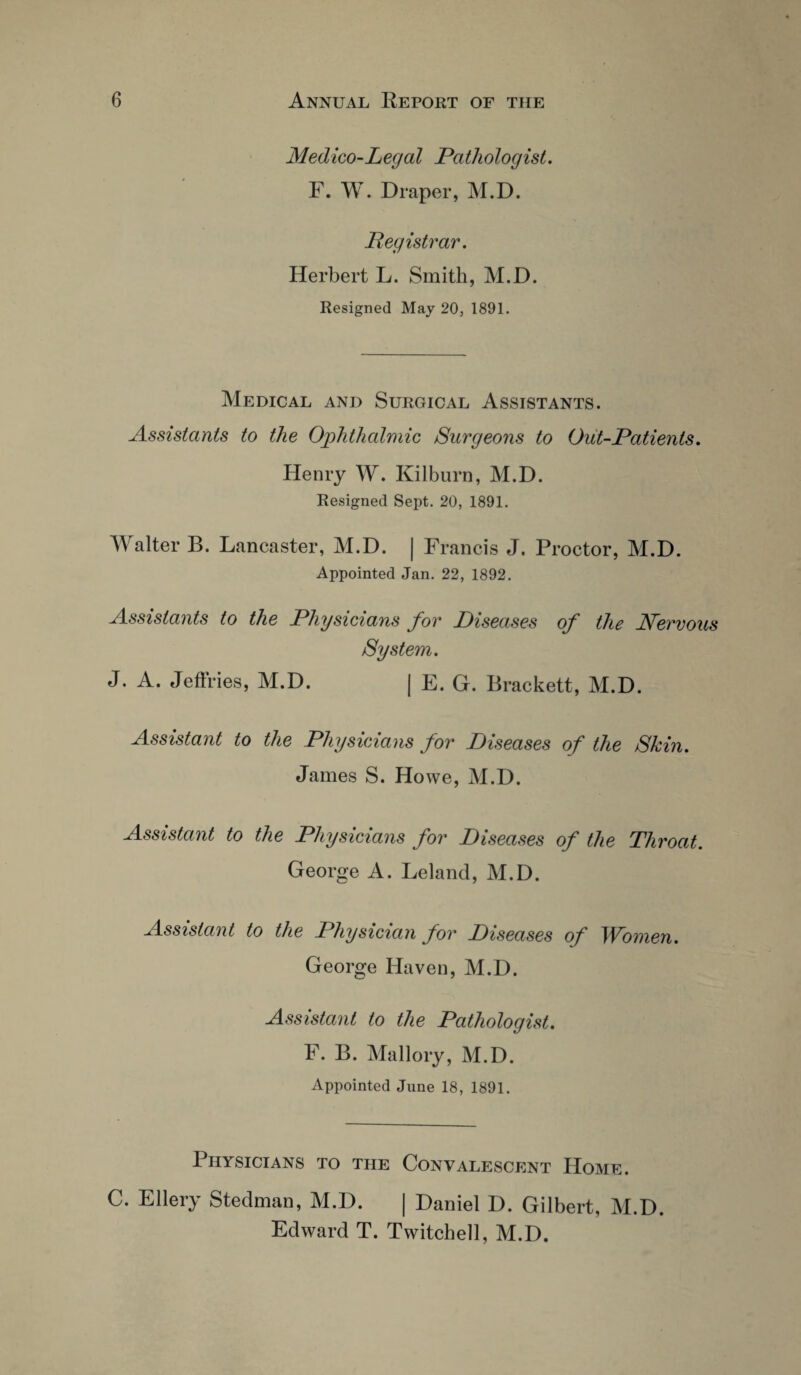 Medico-Legal Pathologist. F. W. Draper, M.D. jRegistrar. Herbert L. Smith, M.D. Resigned May 20, 1891. Medical and Surgical Assistants. Assistants to the Ophthalmic Surgeons to Out-Patients. Henry W. Kilburn, M.D. Resigned Sept. 20, 1891. Walter B. Lancaster, M.D. | Francis J. Proctor, M.D. Appointed Jan. 22, 1892. Assistants to the Physicians for Diseases of the Nervous System. J. A. Jeffries, M.D. | E. G. Brackett, M.D. Assistant to the Physicians for Diseases of the Skin. James S. Howe, M.D. Assistant to the Physicians for Diseases of the Throat. George A. Lei and, M.D. Assistant to the Physician for Diseases of Women. George Haven, M.D. Assistant to the Pathologist. F. B. Mallory, M.D. Appointed June 18, 1891. Physicians to the Convalescent Home. C. Ellery Steelman, M.D. | Daniel D. Gilbert, M.D. Edward T. Twitched, M.D.