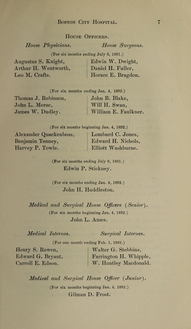 House Officers. House Physicians. House Surgeons. (For six months ending July 6, 1891.) Augustus S. Knight, Arthur H. Wentworth, Leo M. Crafts. Edwin W. Dwight, Daniel H. Fuller, Horace E. Bragdon. (For six months ending Jan. 4, 1892.) Thomas J. Robinson, John L. Morse, James W. Dudlev. John B. Blake, Will H. Swan, William E. Faulkner. (For six months beginning Jan. 4, 1892.) Alexander Quackenboss, Benjamin Tenney, Harvey P. Towle. Lombard C. Jones, Edward H. Nichols, Elliott Washburne. s (For six months ending July 6, 1891.) Edwin P. Stickney. (For six months ending Jan. 4, 1892.) John H. Huddleston. Medical and Surgical House Officers (Senior). (For six months beginning Jan. 4, 1892.) John L. Ames. Medical Internes. Surgical Internes. (For one month ending Feb. 1, 1892.) Henry S. Rowen, Edward G. Bryant, Carroll E. Edson. Walter G. Stebbins, Farrington H. Whipple, W. Huntley Macdonald. Medical and Surgical House Officer (Junior). (For six months beginning Jan. 4, 1892.) Gilman D. Frost.