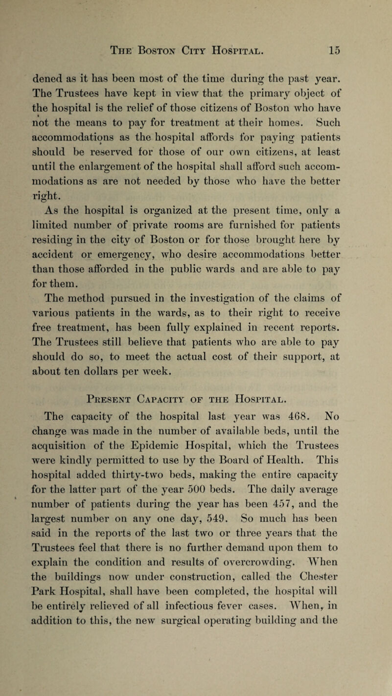 dened as it has been most of the time during the past year. The Trustees have kept in view that the primary object of the hospital is the relief of those citizens of Boston who have not the means to pay for treatment at their homes. Such accommodations as the hospital affords for paying patients should be reserved for those of our own citizens, at least until the enlargement of the hospital shall afford such accom¬ modations as are not needed by those who have the better right. As the hospital is organized at the present time, only a limited number of private rooms are furnished for patients residing in the city of Boston or for those brought here by accident or emergency, who desire accommodations better than those afforded in the public wards and are able to pay for them. The method pursued in the investigation of the claims of various patients in the wards, as to their right to receive free treatment, has been fully explained in recent reports. The Trustees still believe that patients who are able to pay should do so, to meet the actual cost of their support, at about ten dollars per week. Present Capacity of the Hospital. The capacity of the hospital last year was 468. No change was made in the number of available beds, until the acquisition of the Epidemic Hospital, which the Trustees were kindly permitted to use by the Board of Health. This hospital added thirty-two beds, making the entire capacity for the latter part of the year 500 beds. The daily average number of patients during the year has been 457, and the largest number on any one day, 549. So much has been said in the reports of the last two or three years that the Trustees feel that there is no further demand upon them to explain the condition and results of overcrowding. When the buildings now under construction, called the Chester Park Hospital, shall have been completed, the hospital will be entirely relieved of all infectious fever cases. When, in addition to this, the new surgical operating building and the