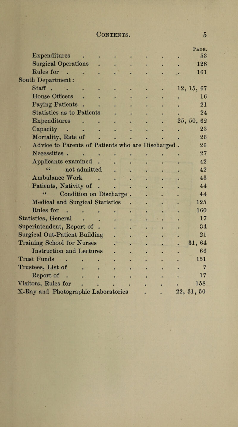 Expenditures • • Page. 53 Surgical Operations • • 128 Rules for • • 161 South Department: Staff .... • • 12, 15, 67 House Officers • • 16 Paying Patients . • • 21 Statistics as to Patients • • 24 Expenditures • • 25, 50, 62 Capacity • • 23 Mortality, Rate of • • 26 Advice to Parents of Patients who are Discharged 26 Necessities . • • 27 Applicants examined . • • 42 “ not admitted • • 42 Ambulance Work • • 43 Patients, Nativity of . • • 44 “ Condition on Discharge . 44 Medical and Surgical Statistics 125 Rules for • • 160 Statistics, General • • 17 Superintendent, Report of . • • 34 Surgical Out-Patient Building • • 21 Training School for Nurses • • . 31, 64 Instruction and Lectures • • 66 Trust Funds • • 151 Trustees, List of • • 7 Report of . • • 17 Visitors, Rules for • • • 158 X-Ray and Photographic Laboratories • • 22, 31, 50