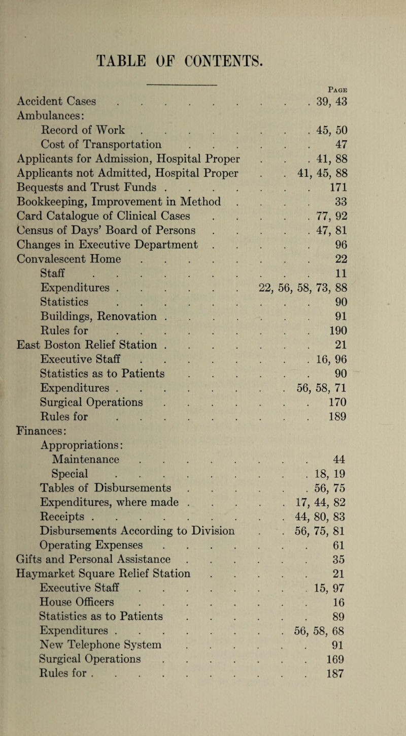 TABLE 0E CONTENTS. Accident Cases. Ambulances: Record of Work. Cost of Transportation Applicants for Admission, Hospital Proper Applicants not Admitted, Hospital Proper Bequests and Trust Funds .... Bookkeeping, Improvement in Method Card Catalogue of Clinical Cases Census of Days’ Board of Persons Changes in Executive Department Convalescent Home. Staff. Expenditures. Statistics. Buildings, Renovation . . . . Rules for. East Boston Relief Station .... Executive Staff. Statistics as to Patients Expenditures. Surgical Operations .... Rules for. Finances: Appropriations: Maintenance. Special. Tables of Disbursements Expenditures, where made . Receipts. Disbursements According to Division Operating Expenses .... Gifts and Personal Assistance Haymarket Square Relief Station Executive Staff. House Officers. Statistics as to Patients Expenditures. New Telephone System Surgical Operations .... Rules for. Page . 39, 43 41 22, 56, 58 56 45, 50 47 41, 88 , 45, 88 171 33 77, 92 47, 81 96 22 11 , 73, 88 90 91 190 21 16, 96 90 58, 71 170 189 44 . 18, 19 . 56, 75 17, 44, 82 44, 80, 83 56, 75, 81 61 35 21 15, 97 16 89 56, 58, 68 91 169 187