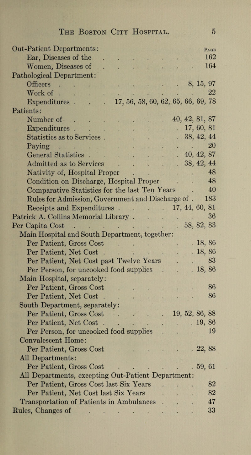 .8, 15, 97 .22 17, 56, 58, 60, 62, 65, 66, 69, 78 40, 42, 17, 38, 40, 38, Out-Patient Departments: page Ear, Diseases of the.162 Women, Diseases of.164 Pathological Department: Officers .... Work of . Expenditures . Patients: Number of Expenditures . Statistics as to Services . Paying .... General Statistics . Admitted as to Services Nativity of, Hospital Proper Condition on Discharge, Hospital Proper Comparative Statistics for the last Ten Years Rules for Admission, Government and Discharge of . Receipts and Expenditures . . . 17, 44, Patrick A. Collins Memorial Library Per Capita Cost.58, Main Hospital and South Department, together: Per Patient, Gross Cost Per Patient, Net Cost .... Per Patient, Net Cost past Twelve Years Per Person, for uncooked food supplies Main Hospital, separately: Per Patient, Gross Cost.86 Per Patient, Net Cost.86 South Department, separately: Per Patient, Gross Cost Per Patient, Net Cost. Per Person, for uncooked food supplies Convalescent Home: Per Patient, Gross Cost. All Departments: Per Patient, Gross Cost. All Departments, excepting Out-Patient Department Per Patient, Gross Cost last Six Years Per Patient, Net Cost last Six Years Transportation of Patients in Ambulances . Rules, Changes of. 81, 87 60, 81 42, 44 20 42, 87 42, 44 48 48 40 183 60, 81 36 82, 83 18, 86 18, 86 83 18, 86 19, 52, 86, 88 . 19, 86 19 . 22, 88 . 59, 61 82 82 47 33