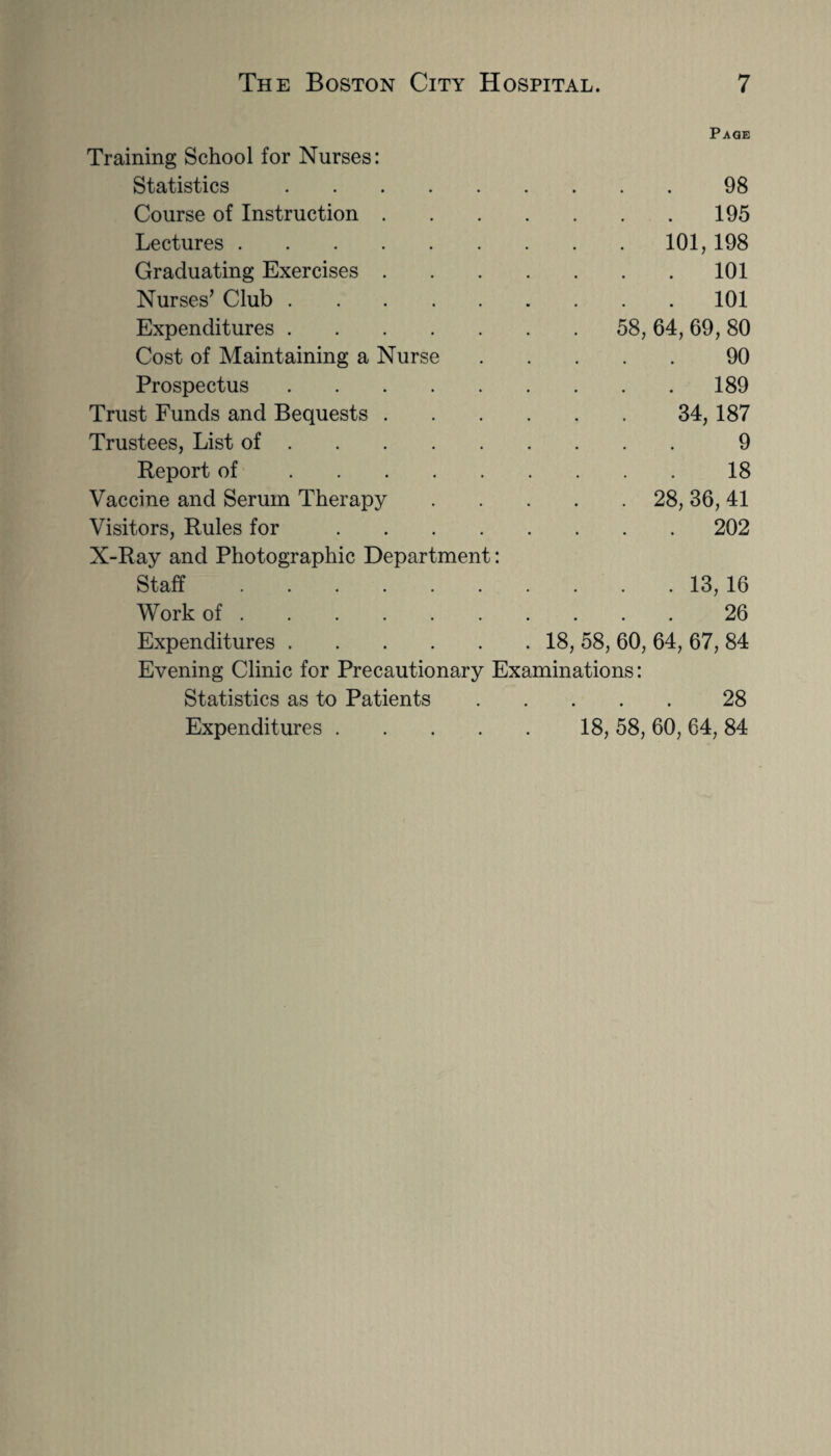 Page Training School for Nurses: Statistics.98 Course of Instruction.195 Lectures.101, 198 Graduating Exercises.101 Nurses’ Club.101 Expenditures. 58, 64, 69, 80 Cost of Maintaining a Nurse.90 Prospectus.189 Trust Funds and Bequests.34, 187 Trustees, List of. 9 Report of.18 Vaccine and Serum Therapy. 28, 36, 41 Visitors, Rules for.202 X-Ray and Photographic Department: Staff.13, 16 Work of.26 Expenditures. 18, 58, 60, 64, 67, 84 Evening Clinic for Precautionary Examinations: Statistics as to Patients.28 Expenditures. 18, 58, 60, 64, 84