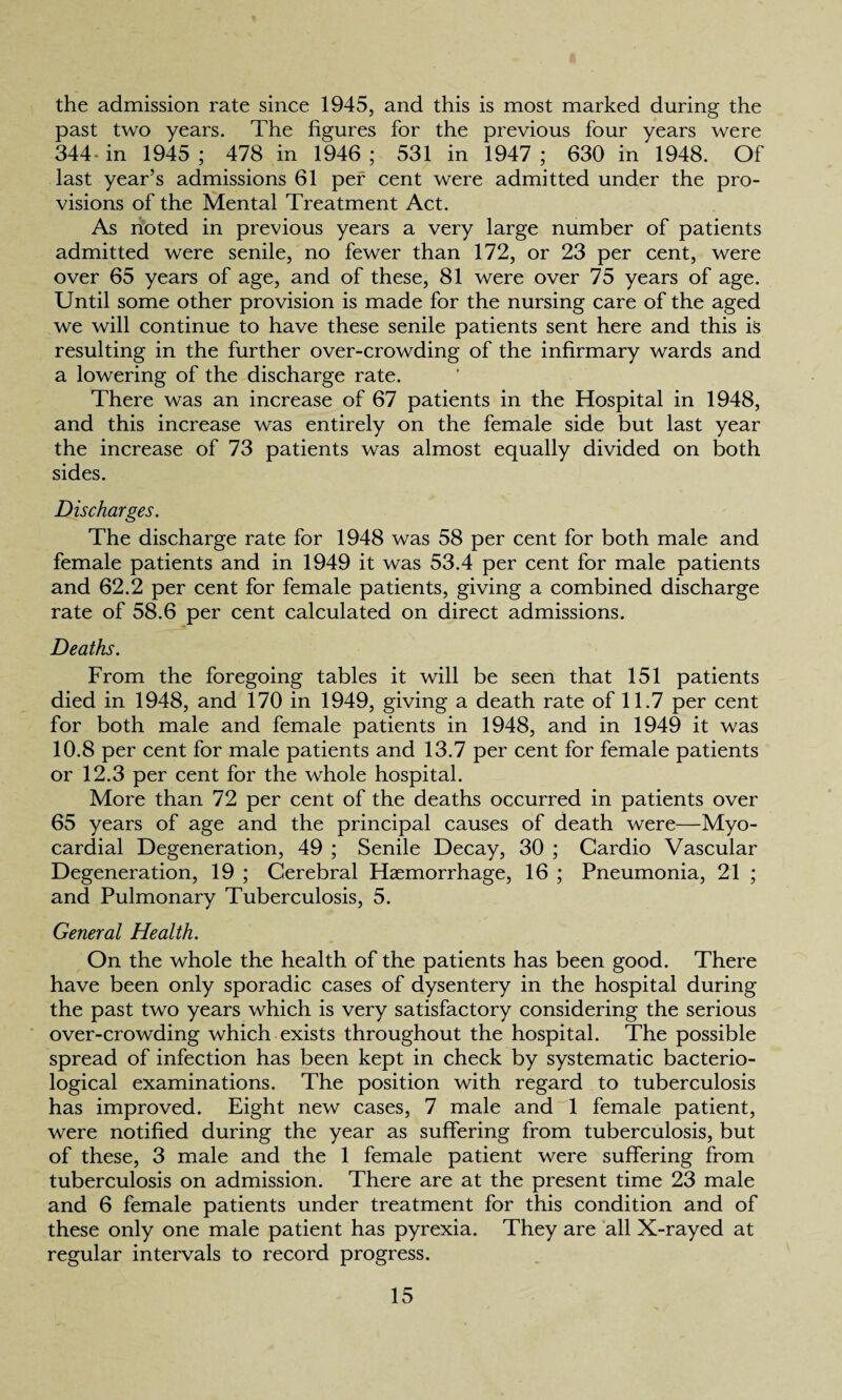 the admission rate since 1945, and this is most marked during the past two years. The figures for the previous four years were 344- in 1945 ; 478 in 1946 ; 531 in 1947 ; 630 in 1948. Of last year’s admissions 61 per cent were admitted under the pro¬ visions of the Mental Treatment Act. As noted in previous years a very large number of patients admitted were senile, no fewer than 172, or 23 per cent, were over 65 years of age, and of these, 81 were over 75 years of age. Until some other provision is made for the nursing care of the aged we will continue to have these senile patients sent here and this is resulting in the further over-crowding of the infirmary wards and a lowering of the discharge rate. There was an increase of 67 patients in the Hospital in 1948, and this increase was entirely on the female side but last year the increase of 73 patients was almost equally divided on both sides. Discharges. The discharge rate for 1948 was 58 per cent for both male and female patients and in 1949 it was 53.4 per cent for male patients and 62.2 per cent for female patients, giving a combined discharge rate of 58.6 per cent calculated on direct admissions. Deaths. From the foregoing tables it will be seen that 151 patients died in 1948, and 170 in 1949, giving a death rate of 11.7 per cent for both male and female patients in 1948, and in 1949 it was 10.8 per cent for male patients and 13.7 per cent for female patients or 12.3 per cent for the whole hospital. More than 72 per cent of the deaths occurred in patients over 65 years of age and the principal causes of death were—Myo¬ cardial Degeneration, 49 ; Senile Decay, 30 ; Cardio Vascular Degeneration, 19 ; Cerebral Haemorrhage, 16 ; Pneumonia, 21 ; and Pulmonary Tuberculosis, 5. General Health. On the whole the health of the patients has been good. There have been only sporadic cases of dysentery in the hospital during the past two years which is very satisfactory considering the serious over-crowding which exists throughout the hospital. The possible spread of infection has been kept in check by systematic bacterio¬ logical examinations. The position with regard to tuberculosis has improved. Eight new cases, 7 male and 1 female patient, were notified during the year as suffering from tuberculosis, but of these, 3 male and the 1 female patient were suffering from tuberculosis on admission. There are at the present time 23 male and 6 female patients under treatment for this condition and of these only one male patient has pyrexia. They are all X-rayed at regular intervals to record progress.