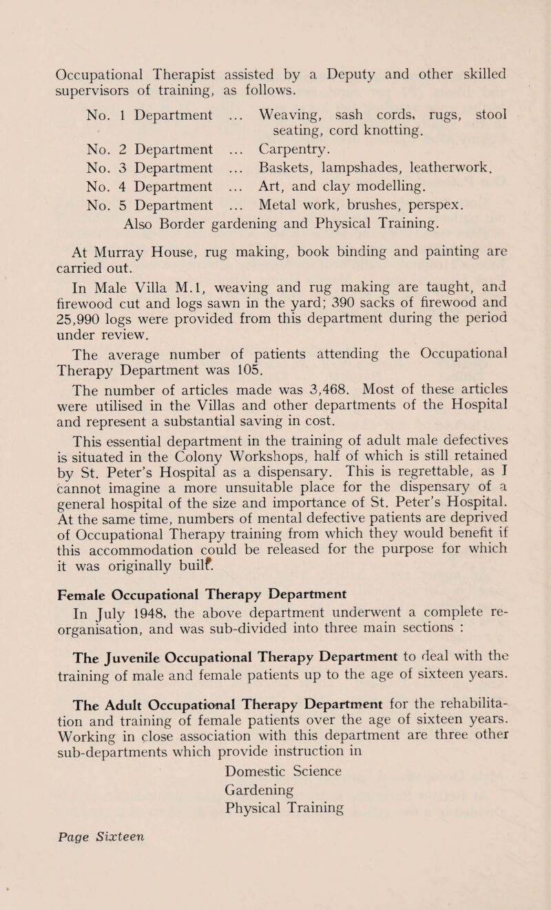 Occupational Therapist assisted by a Deputy and other skilled supervisors of training, as follows. No. No. No. No. No. 1 Department 2 Department 3 Department 4 Department 5 Department Weaving, sash cords, rugs, stool seating, cord knotting. Carpentry. Baskets, lampshades, leatherwork. Art, and clay modelling. Metal work, brushes, perspex. Also Border gardening and Physical Training. At Murray House, rug making, book binding and painting are carried out. In Male Villa M.l, weaving and rug making are taught, and firewood cut and logs sawn in the yard; 390 sacks of firewood and 25,990 logs were provided from this department during the period under review. The average number of patients attending the Occupational Therapy Department was 105. The number of articles made was 3,468. Most of these articles were utilised in the Villas and other departments of the Hospital and represent a substantial saving in cost. This essential department in the training of adult male defectives is situated in the Colony Workshops, half of which is still retained by St. Peter’s Hospital as a dispensary. This is regrettable, as I cannot imagine a more unsuitable place for the dispensary of a general hospital of the size and importance of St. Peter’s Hospital. At the same time, numbers of mental defective patients are deprived of Occupational Therapy training from which they would benefit if this accommodation could be released for the purpose for which it was originally builf. Female Occupational Therapy Department In July 1948, the above department underwent a complete re¬ organisation, and was sub-divided into three main sections : The Juvenile Occupational Therapy Department to deal with the training of male and female patients up to the age of sixteen years. The Adult Occupational Therapy Department for the rehabilita¬ tion and training of female patients over the age of sixteen years. Working in close association with this department are three other sub-departments which provide instruction in Domestic Science Gardening Physical Training