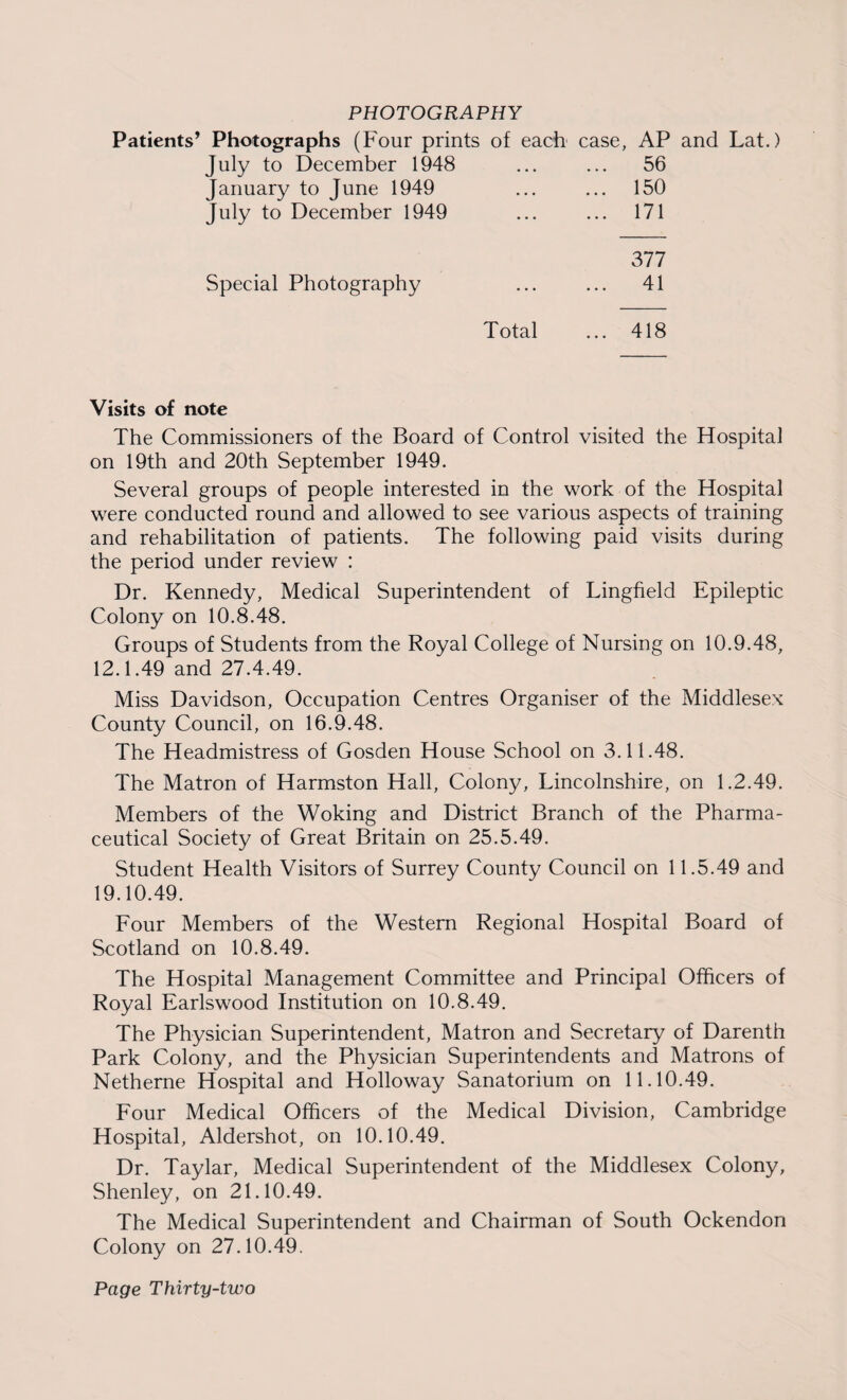PHOTOGRAPHY Patients’ Photographs (Four prints of each case, AP and Lat.) July to December 1948 ... 56 January to June 1949 ... 150 July to December 1949 ... 171 377 Special Photography ... 41 Total ... 418 Visits of note The Commissioners of the Board of Control visited the Hospital on 19th and 20th September 1949. Several groups of people interested in the work of the Hospital were conducted round and allowed to see various aspects of training and rehabilitation of patients. The following paid visits during the period under review : Dr. Kennedy, Medical Superintendent of Lingfield Epileptic Colony on 10.8.48. Groups of Students from the Royal College of Nursing on 10.9.48, 12.1.49 and 27.4.49. Miss Davidson, Occupation Centres Organiser of the Middlesex County Council, on 16.9.48. The Headmistress of Gosden House School on 3.11.48. The Matron of Harmston Hall, Colony, Lincolnshire, on 1.2.49. Members of the Woking and District Branch of the Pharma¬ ceutical Society of Great Britain on 25.5.49. Student Health Visitors of Surrey County Council on 11.5.49 and 19.10.49. Four Members of the Western Regional Hospital Board of Scotland on 10.8.49. The Hospital Management Committee and Principal Officers of Royal Earlswood Institution on 10.8.49. The Physician Superintendent, Matron and Secretary of Darenth Park Colony, and the Physician Superintendents and Matrons of Netherne Hospital and Holloway Sanatorium on 11.10.49. Four Medical Officers of the Medical Division, Cambridge Hospital, Aldershot, on 10.10.49. Dr. Taylar, Medical Superintendent of the Middlesex Colony, Shenley, on 21.10.49. The Medical Superintendent and Chairman of South Ockendon Colony on 27.10.49.