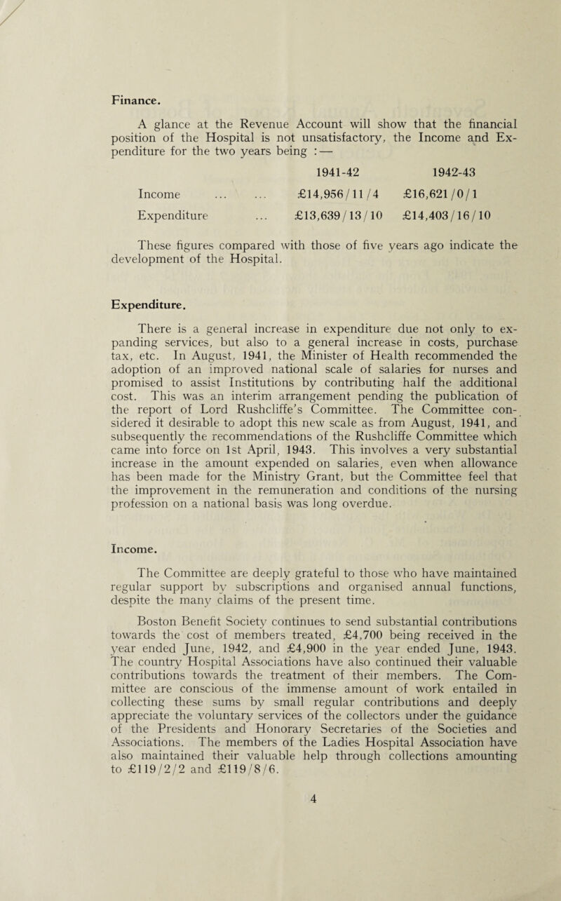 Finance. A glance at the Revenue Account will show that the financial position of the Hospital is not unsatisfactory, the Income and Ex¬ penditure for the two years being : — 1941-42 1942-43 Income . £14,956/11 /4 £16,621/0/1 Expenditure ... £13,639/13/10 £14,403/16/10 These figures compared with those of five years ago indicate the development of the Hospital. Expenditure. There is a general increase in expenditure due not only to ex¬ panding services, but also to a general increase in costs, purchase tax, etc. In August, 1941, the Minister of Health recommended the adoption of an improved national scale of salaries for nurses and promised to assist Institutions by contributing half the additional cost. This was an interim arrangement pending the publication of the report of Lord Rushcliffe's Committee. The Committee con¬ sidered it desirable to adopt this new scale as from August, 1941, and subsequently the recommendations of the Rushcliffe Committee which came into force on 1st April, 1943. This involves a very substantial increase in the amount expended on salaries, even when allowance has been made for the Ministry Grant, but the Committee feel that the improvement in the remuneration and conditions of the nursing profession on a national basis was long overdue. Income. The Committee are deeply grateful to those who have maintained regular support by subscriptions and organised annual functions, despite the many claims of the present time. Boston Benefit Society continues to send substantial contributions towards the cost of members treated, £4,700 being received in the year ended June, 1942, and £4,900 in the year ended June, 1943. The country Hospital Associations have also continued their valuable contributions towards the treatment of their members. The Com¬ mittee are conscious of the immense amount of work entailed in collecting these sums by small regular contributions and deeply appreciate the voluntary services of the collectors under the guidance of the Presidents and Honorary Secretaries of the Societies and Associations. The members of the Ladies Hospital Association have also maintained their valuable help through collections amounting to £119/2/2 and £119/8/6.