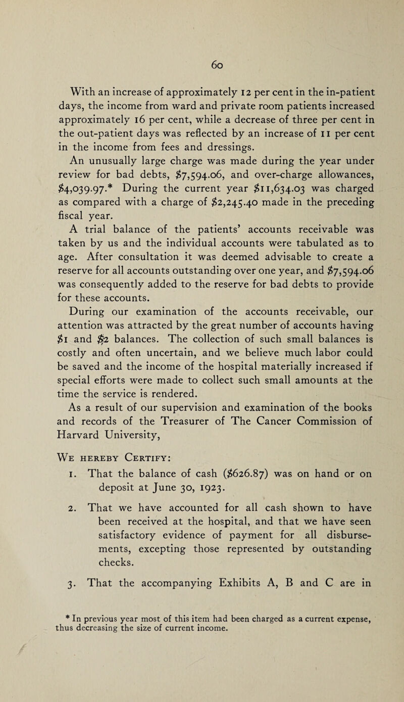 With an increase of approximately 12 per cent in the in-patient days, the income from ward and private room patients increased approximately 16 per cent, while a decrease of three per cent in the out-patient days was reflected by an increase of 11 per cent in the income from fees and dressings. An unusually large charge was made during the year under review for bad debts, $7,594.06, and over-charge allowances, $4,039.97.* During the current year $11,634.03 was charged as compared with a charge of $2,245.40 made in the preceding fiscal year. A trial balance of the patients’ accounts receivable was taken by us and the individual accounts were tabulated as to age. After consultation it was deemed advisable to create a reserve for all accounts outstanding over one year, and $7,594.06 was consequently added to the reserve for bad debts to provide for these accounts. During our examination of the accounts receivable, our attention was attracted by the great number of accounts having $1 and $2 balances. The collection of such small balances is costly and often uncertain, and we believe much labor could be saved and the income of the hospital materially increased if special efforts were made to collect such small amounts at the time the service is rendered. As a result of our supervision and examination of the books and records of the Treasurer of The Cancer Commission of Harvard University, We hereby Certify: 1. That the balance of cash ($626.87) was on hand or on deposit at June 30, 1923. 2. That we have accounted for all cash shown to have been received at the hospital, and that we have seen satisfactory evidence of payment for all disburse¬ ments, excepting those represented by outstanding checks. 3. That the accompanying Exhibits A, B and C are in * In previous year most of this item had been charged as a current expense, thus decreasing the size of current income.