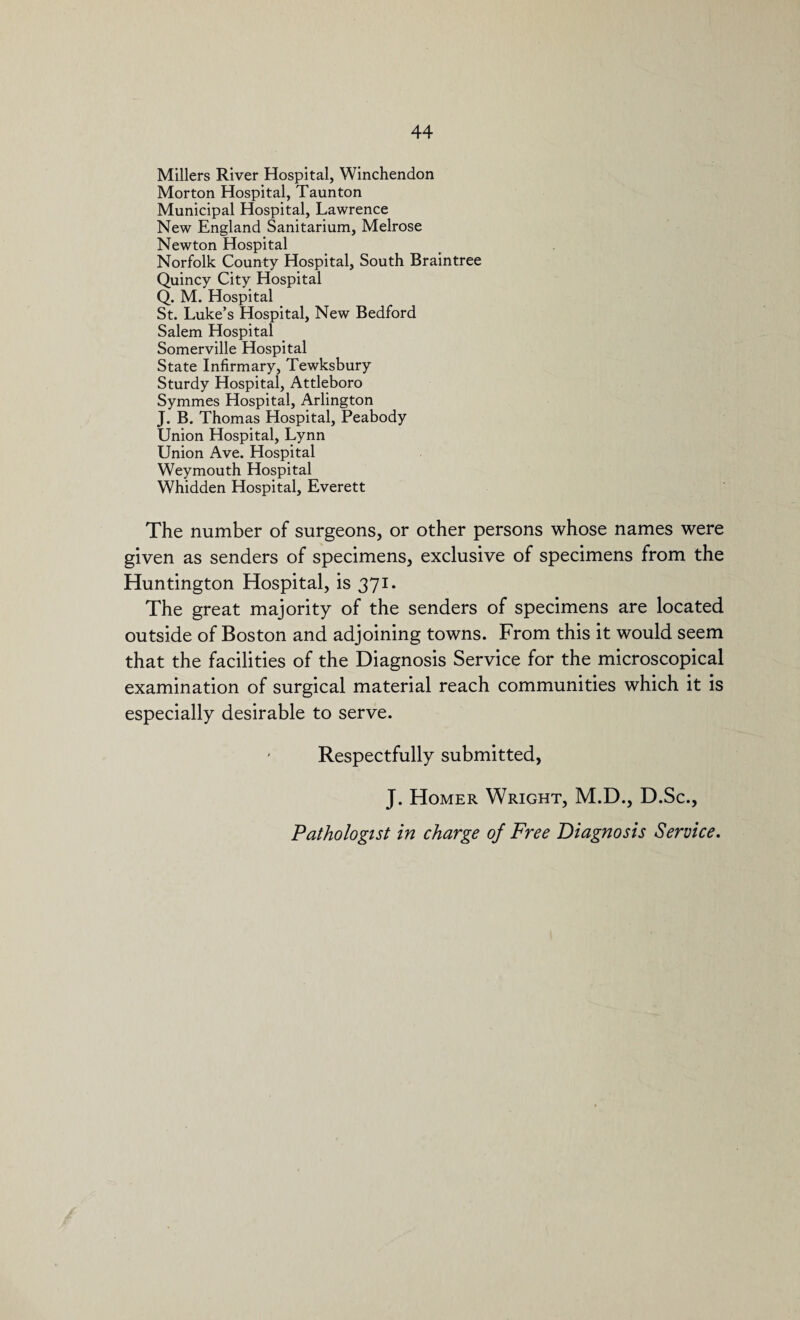 Millers River Hospital, Winchendon Morton Hospital, Taunton Municipal Hospital, Lawrence New England Sanitarium, Melrose Newton Hospital Norfolk County Hospital, South Braintree Quincy City Hospital Q. M. Hospital St. Luke’s Hospital, New Bedford Salem Hospital Somerville Hospital State Infirmary, Tewksbury Sturdy Hospital, Attleboro Symmes Hospital, Arlington J. B. Thomas Hospital, Peabody Union Hospital, Lynn Union Ave. Hospital Weymouth Hospital Whidden Hospital, Everett The number of surgeons, or other persons whose names were given as senders of specimens, exclusive of specimens from the Huntington Hospital, is 371. The great majority of the senders of specimens are located outside of Boston and adjoining towns. From this it would seem that the facilities of the Diagnosis Service for the microscopical examination of surgical material reach communities which it is especially desirable to serve. ' Respectfully submitted, J. Homer Wright, M.D., D.Sc., Pathologist in charge of Free Diagnosis Service.