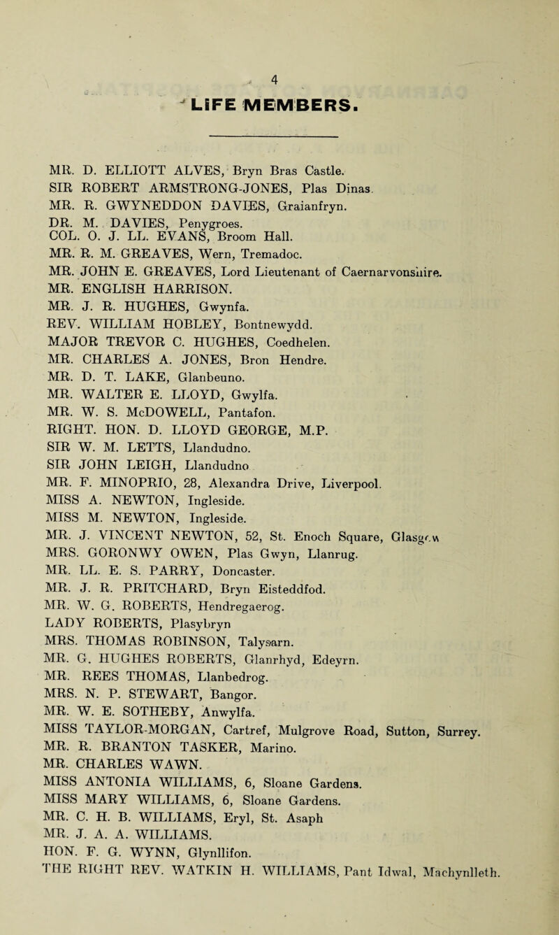  LIFE MEMBERS MR. D. ELLIOTT ALVES, Bryn Bras Castle. SIR ROBERT ARMSTRONG-JONES, Plas Dinas MR. R. GWYNEDDON DAVIES, Graianfryn. DR. M. DAVIES, Penygroes. COL. 0. J. LL. EVANS, Broom Hall. MR. R. M. GREAVES, Wern, Tremadoc. MR. JOHN E. GREAVES, Lord Lieutenant of Caernarvonshire. MR. ENGLISH HARRISON. MR. J. R. HUGHES, Gwynfa. REV. WILLIAM HOBLEY, Bontnewydd. MAJOR TREVOR C. HUGHES, Coedhelen. MR. CHARLES A. JONES, Bron Hendre. MR. D. T. LAKE, Glanbeuno. MR. WALTER E. LLOYD, Gwylfa. MR. w. S. McDOWELL, Pantafon. RIGHT. HON. D. LLOYD GEORGE, M.P. SIR W. M. LETTS, Llandudno. SIR JOHN LEIGH, Llandudno MR. F. MINOPRIO, 28, Alexandra Drive, Liverpool. MISS A. NEWTON, Ingleside. MISS M. NEWTON, Ingleside. MR. J. VINCENT NEWTON, 52, St. Enoch Square, Glasgow MRS. GORONWY OWEN, Plas Gwyn, Llanrug. MR. LL. E. S. PARRY, Doncaster. MR. J. R. PRITCHARD, Bryn Eisteddfod. MR. W. G. ROBERTS, Hendregaerog. LADY ROBERTS, Plasybryn MRS. THOMAS ROBINSON, Talysarn. MR. G. HUGHES ROBERTS, Glanrhyd, Edeyrn. MR. REES THOMAS, Llanbedrog. MRS. N. P. STEWART, Bangor. MR. W. E. SOTHEBY, Anwylfa. MISS TAYLOR-MORGAN, Cartref, Mulgrove Road, Sutton, Surrey. MR. R. BRANTON TASKER, Marino. MR. CHARLES WAWN. MISS ANTONIA WILLIAMS, 6, Sloane Gardens. MISS MARY WILLIAMS, 6, Sloane Gardens. MR. C. H. B. WILLIAMS, Eryl, St. Asaph MR. J. A. A. WILLIAMS. HON. F. G. WYNN, Glynllifon. THE RIGHT REV. WATKIN H. WILLIAMS, Pant Idwal, Machynlleth.